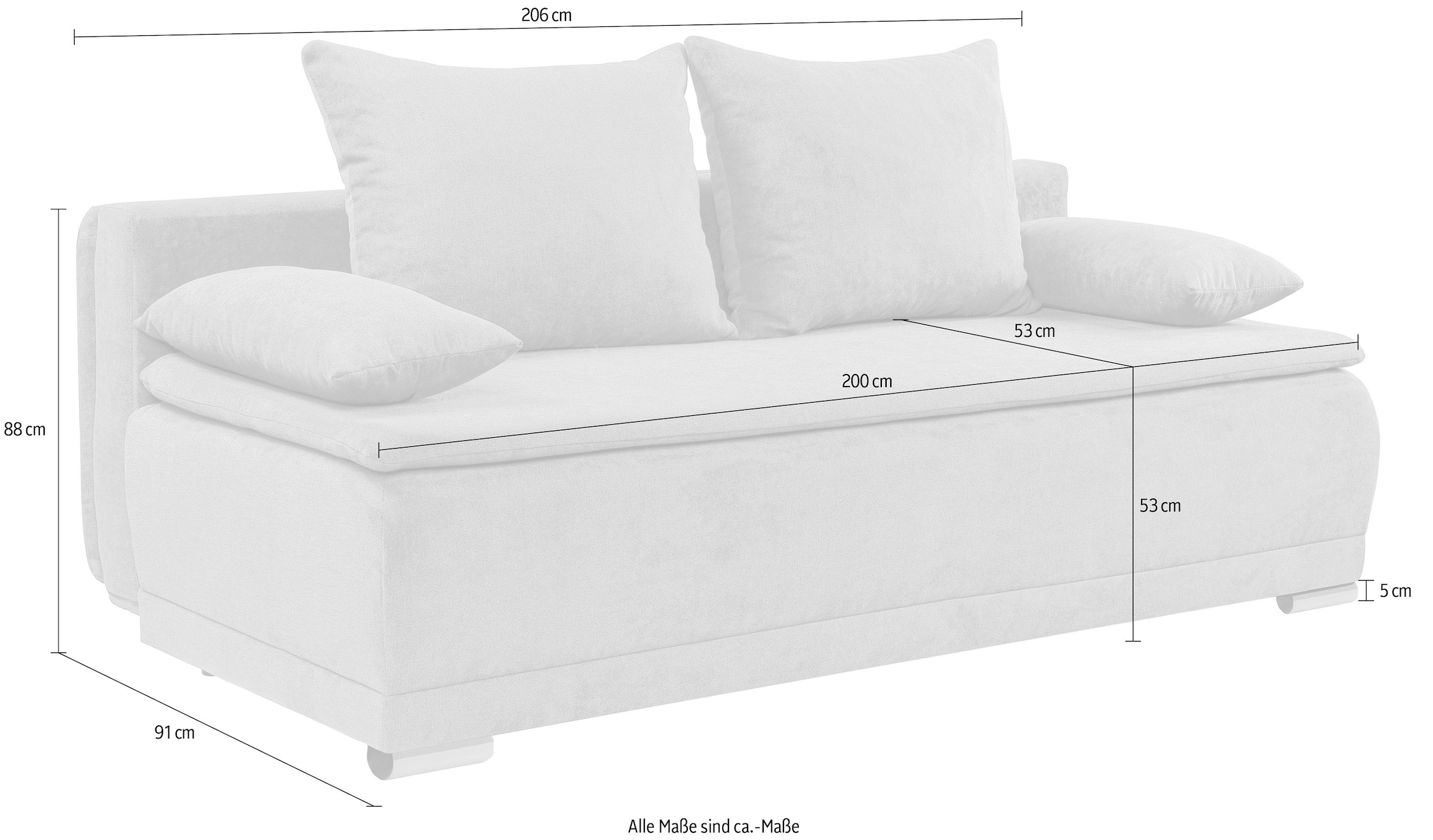 WERK2 Schlafsofa »Biggi 206 cm komfortabel & modern, Komfort Sitz- und Liegehöhe« Struktur weich, Schlaffunktion, Bettkasten