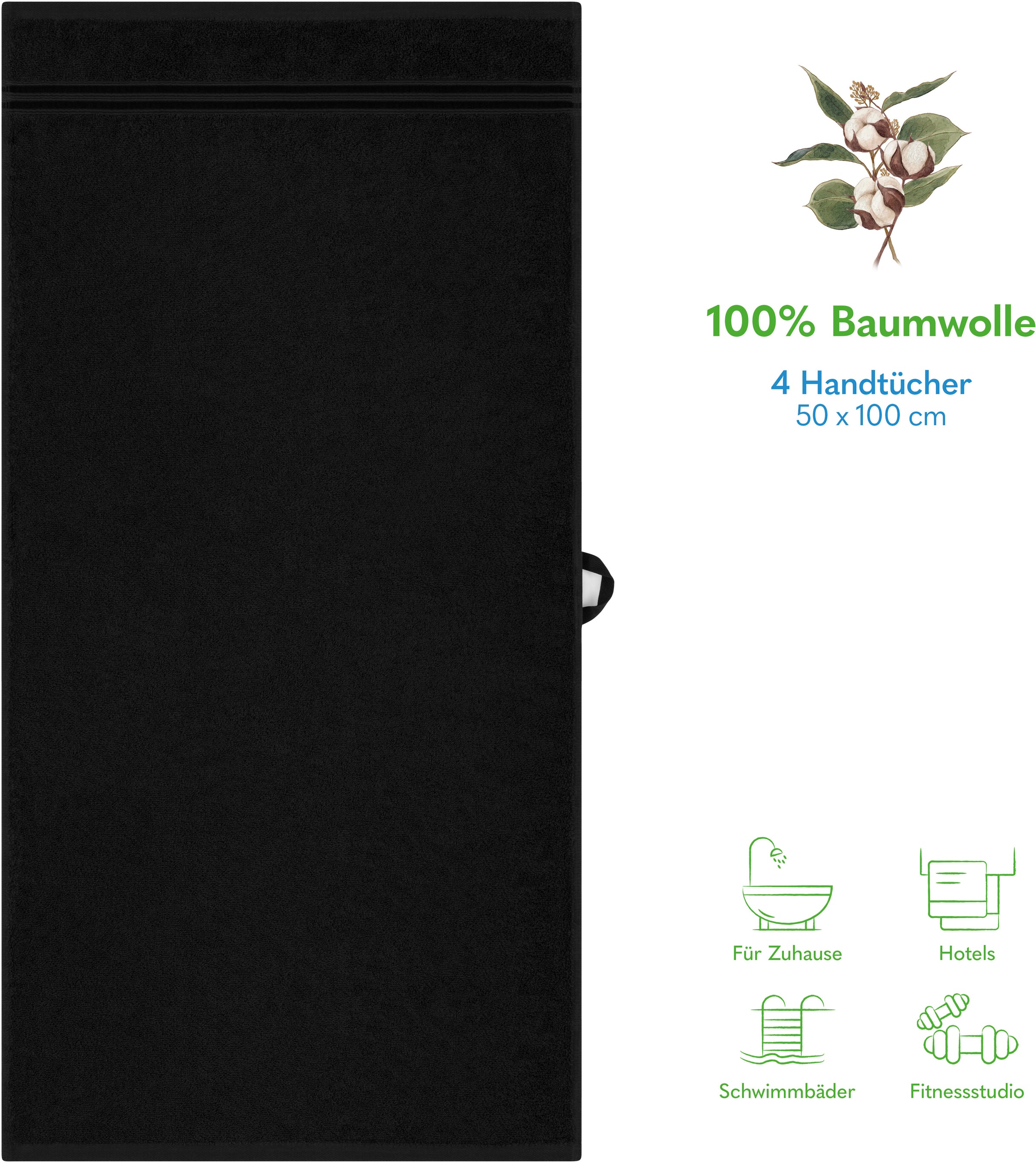 HAMMETEX Handtuch Set »4er Set Handtücher 50x100 cm, 100% Baumwolle, Weich & Saugstark«, (Set, 4 St., 4), mit Bordüre, einfarbig, weich