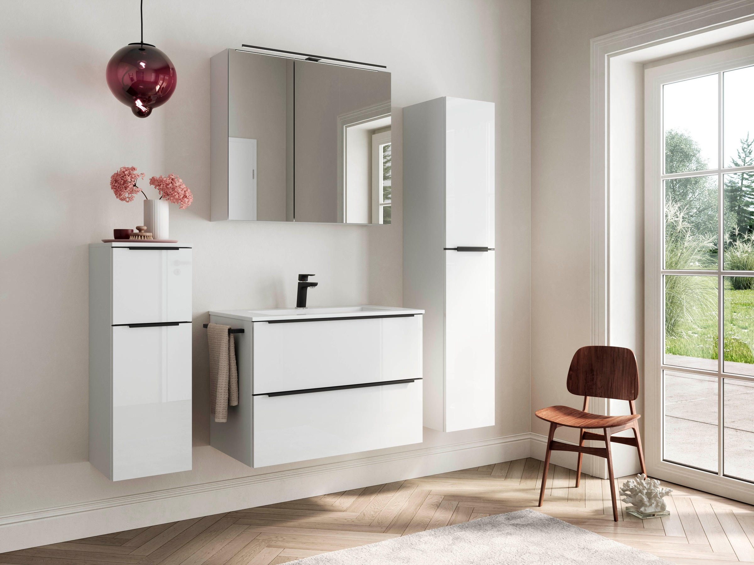 nobilia® Badmöbel-Set »Levere«, (4 St., vormontiert, mit Soft-Close), inkl. Spiegelschrank mit Beleuchtung und Dimmerfunktion, in 4 Breiten