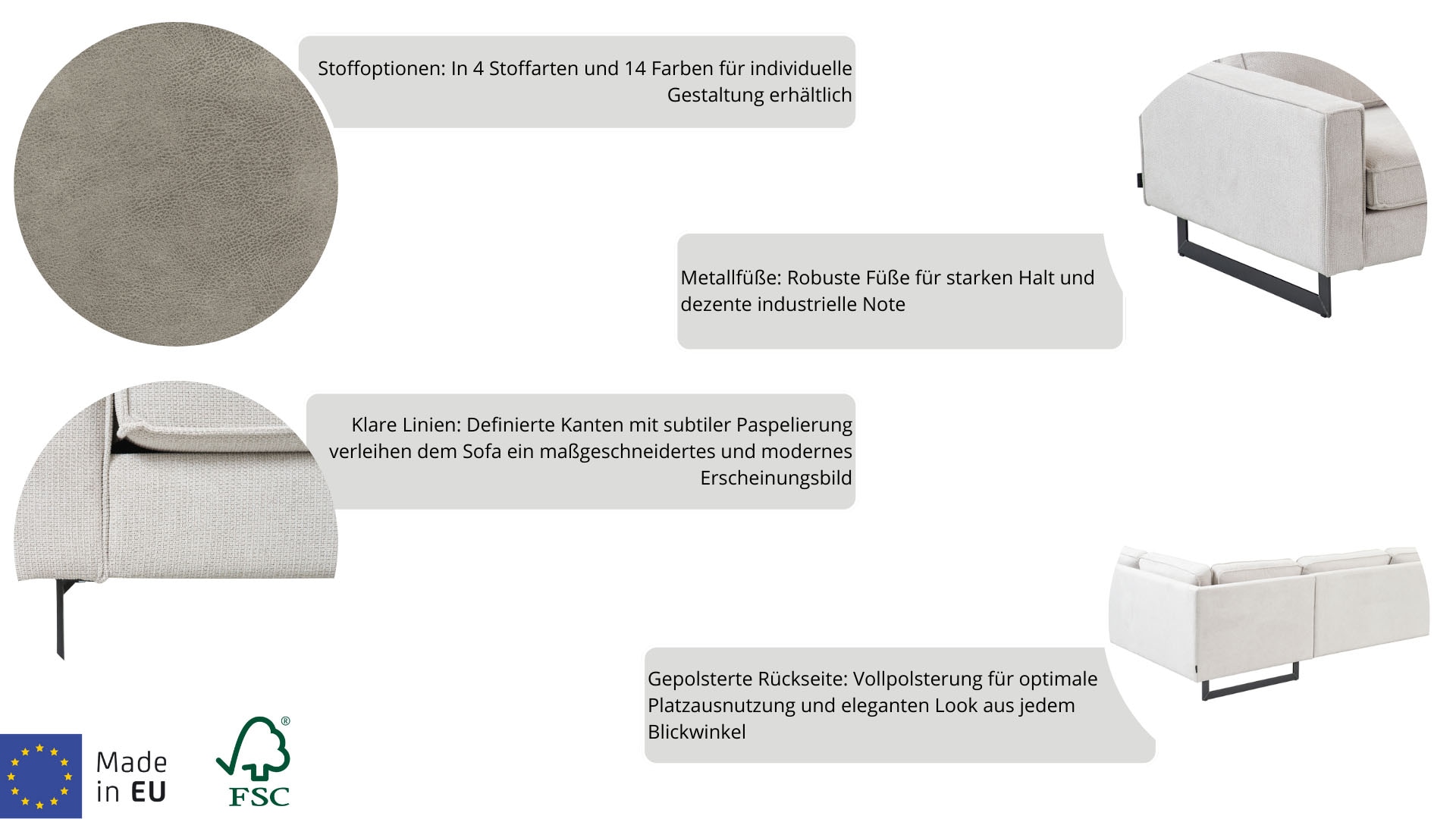 Places of Style Ecksofa »Pinto, XXL, 250/290 cm, langer Schenkel, Ottomane«, Cord, Chenille, Lederoptik, mit Keder, Metallfüße, Wellenunterfederung