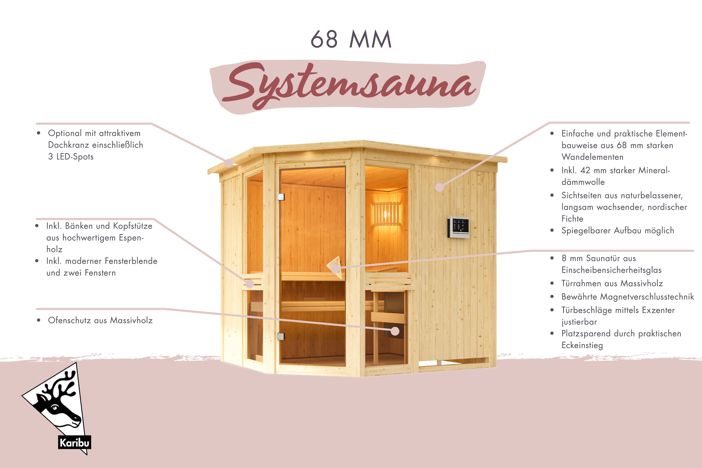 Karibu Sauna »"Agneta 2" mit Kranz, naturbelassen«, aus hochwertiger nordischer Fichte