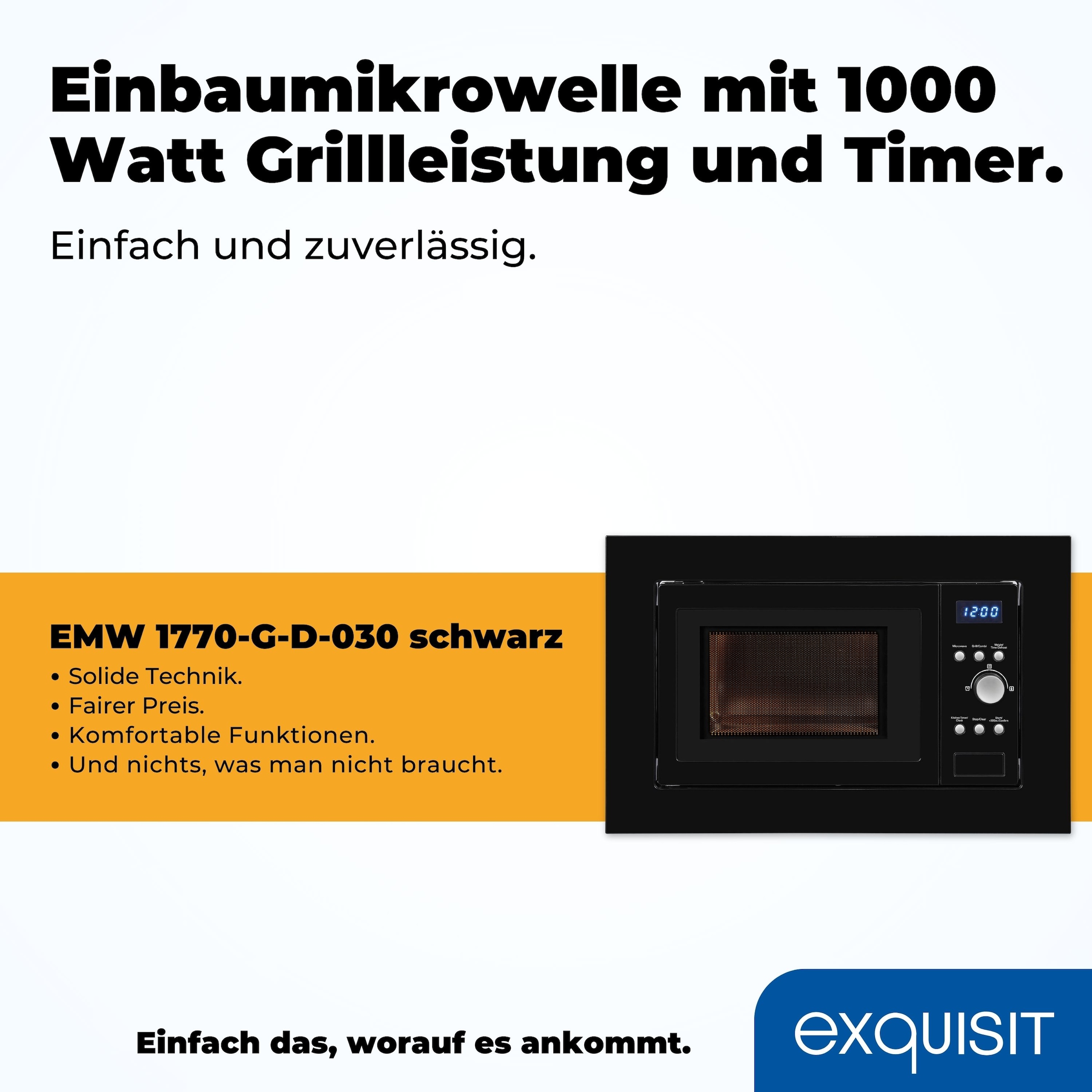 exquisit Einbau-Mikrowelle »EMW 1770-G-D-030 schwarz« 1050 W 30 Sekunden maximale Leistung durch Schnellkoch-Funktion
