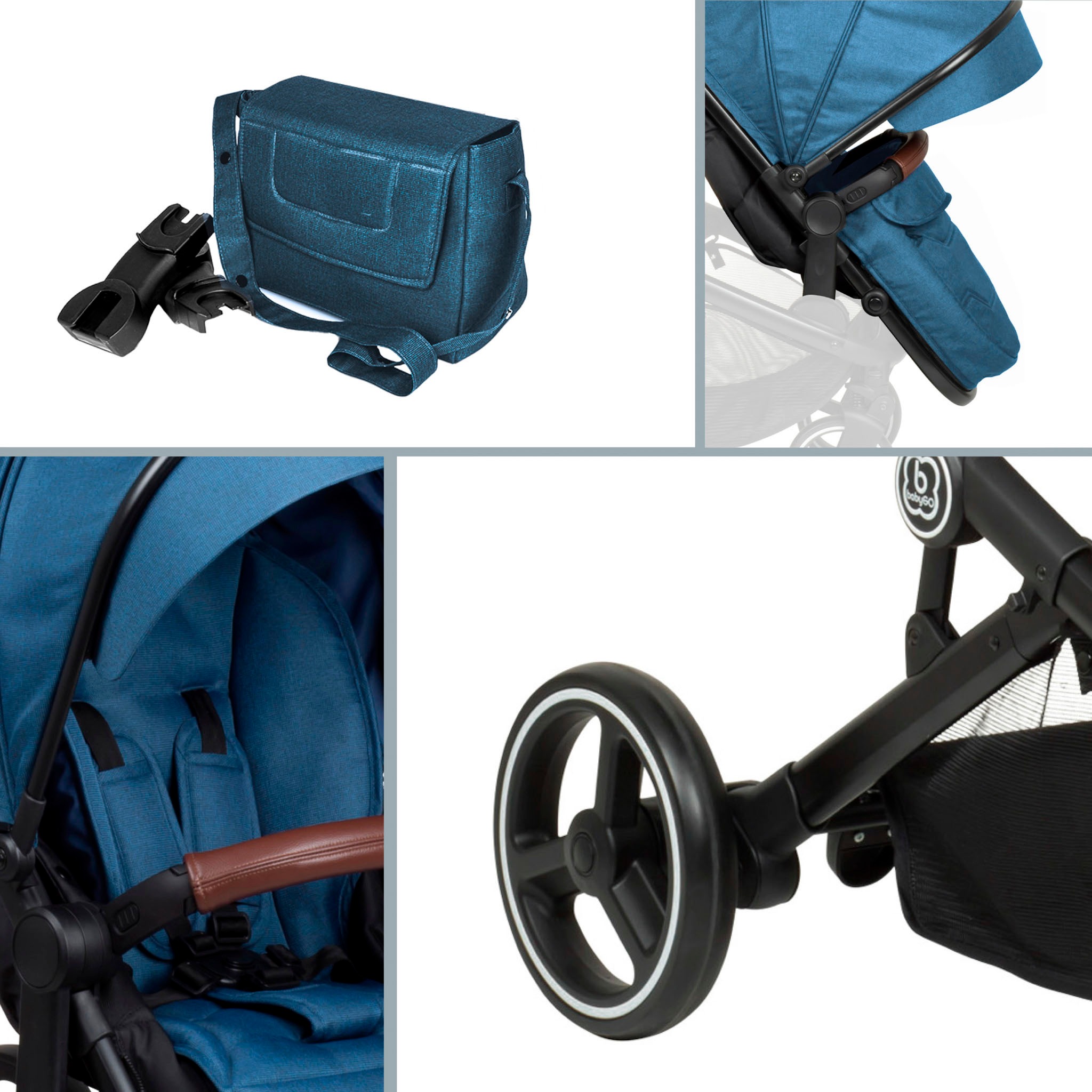 BabyGo Zwillings-Kombikinderwagen »Twinner Set, Blau melange«, 30 kg, inkl. 2 Regenhauben, Wickeltasche