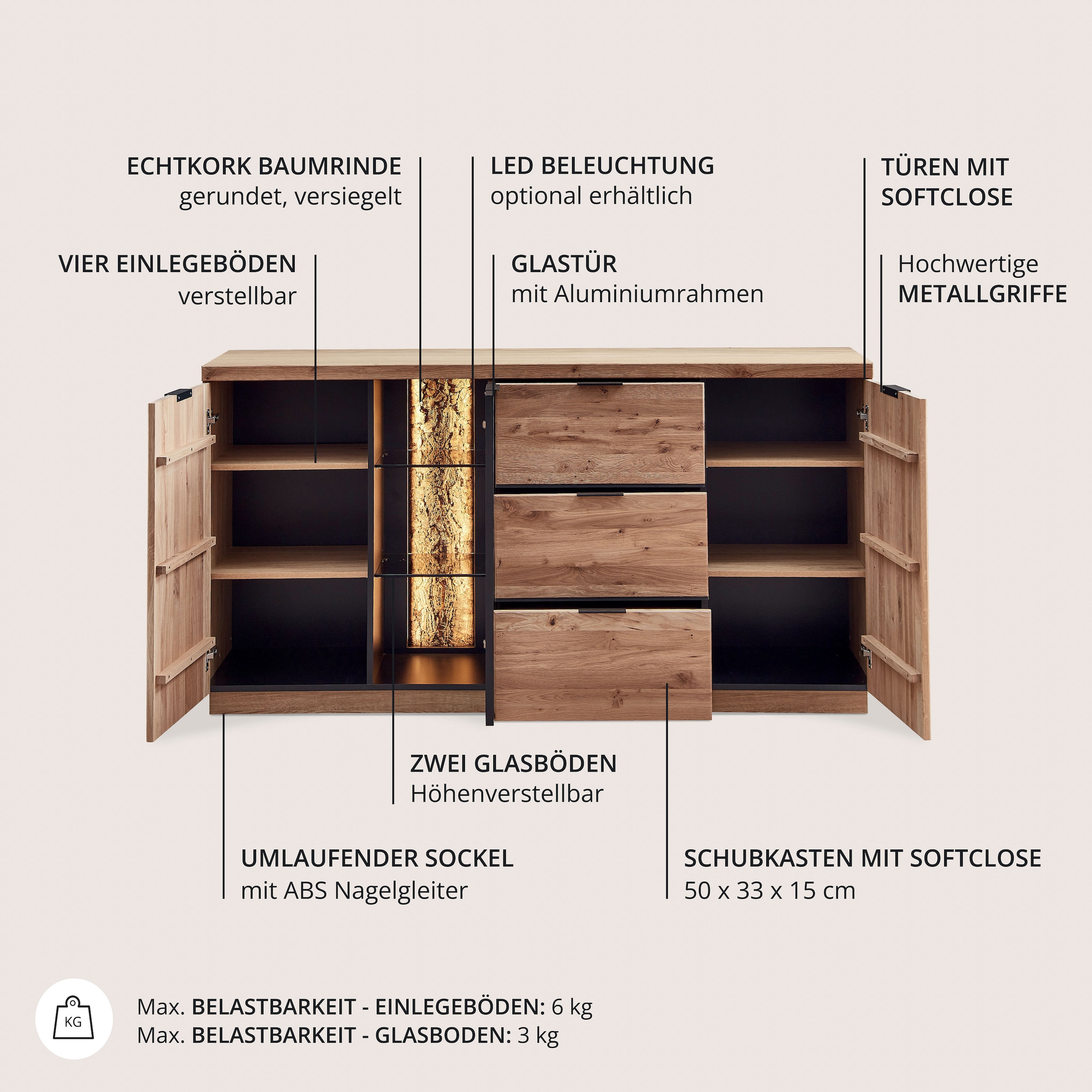 Wohnconcept Sideboard »Donna Sideborad, 180x93x48 (BxHxT)« 1 Stk. tlg. Beleuchtung optional bestellbar, 3 türig, 3 Schubkasten, Softclose
