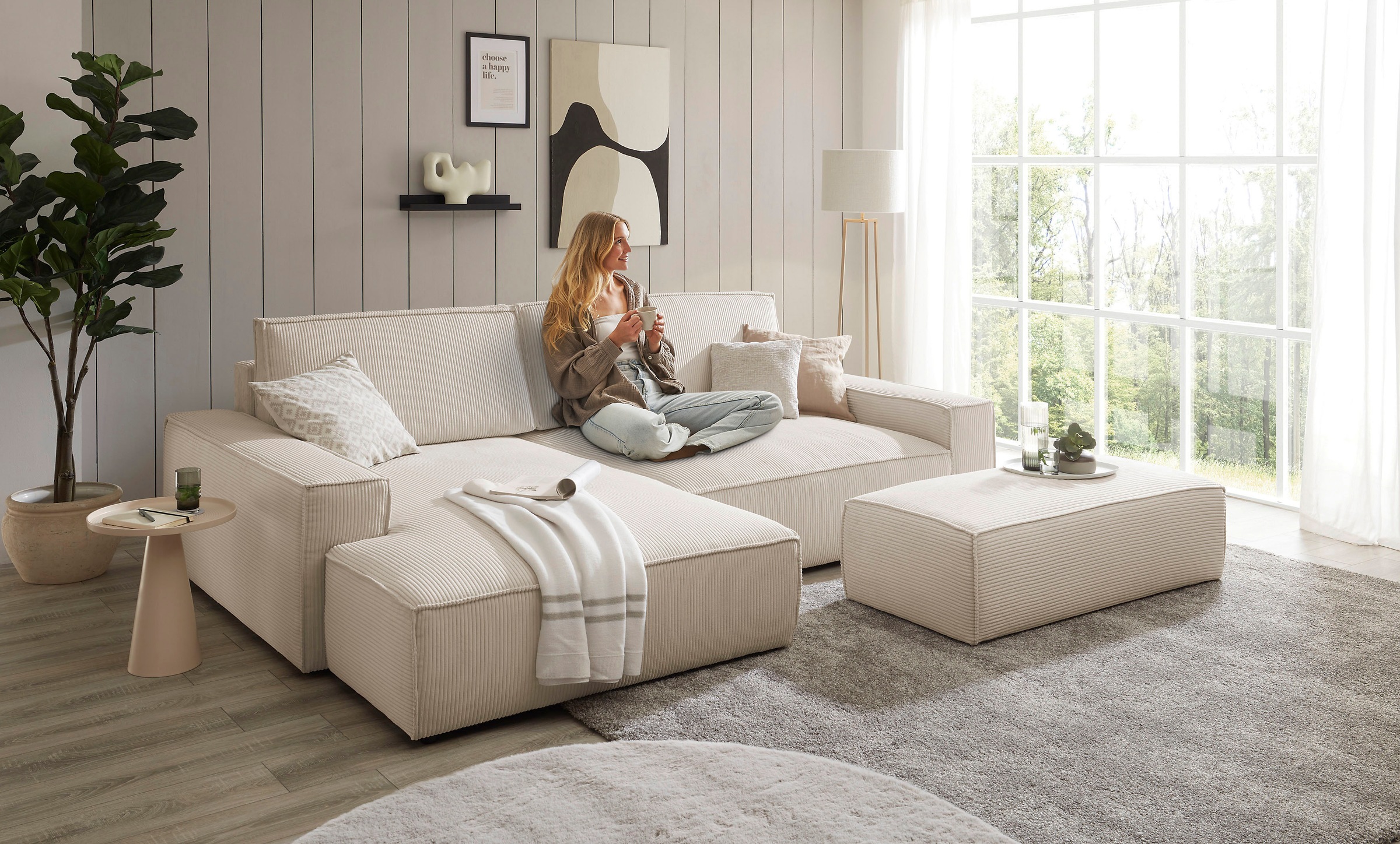 Home affaire Polsterecke »NEU: SHERWOOD XXL tief, L-Form mit Schlaffunktion, Big-Sofa mit Hocker«, (Set, 2 St.), stellbar zum Schlafsofa (Krokodilverbinder), Cord, Leinenoptik