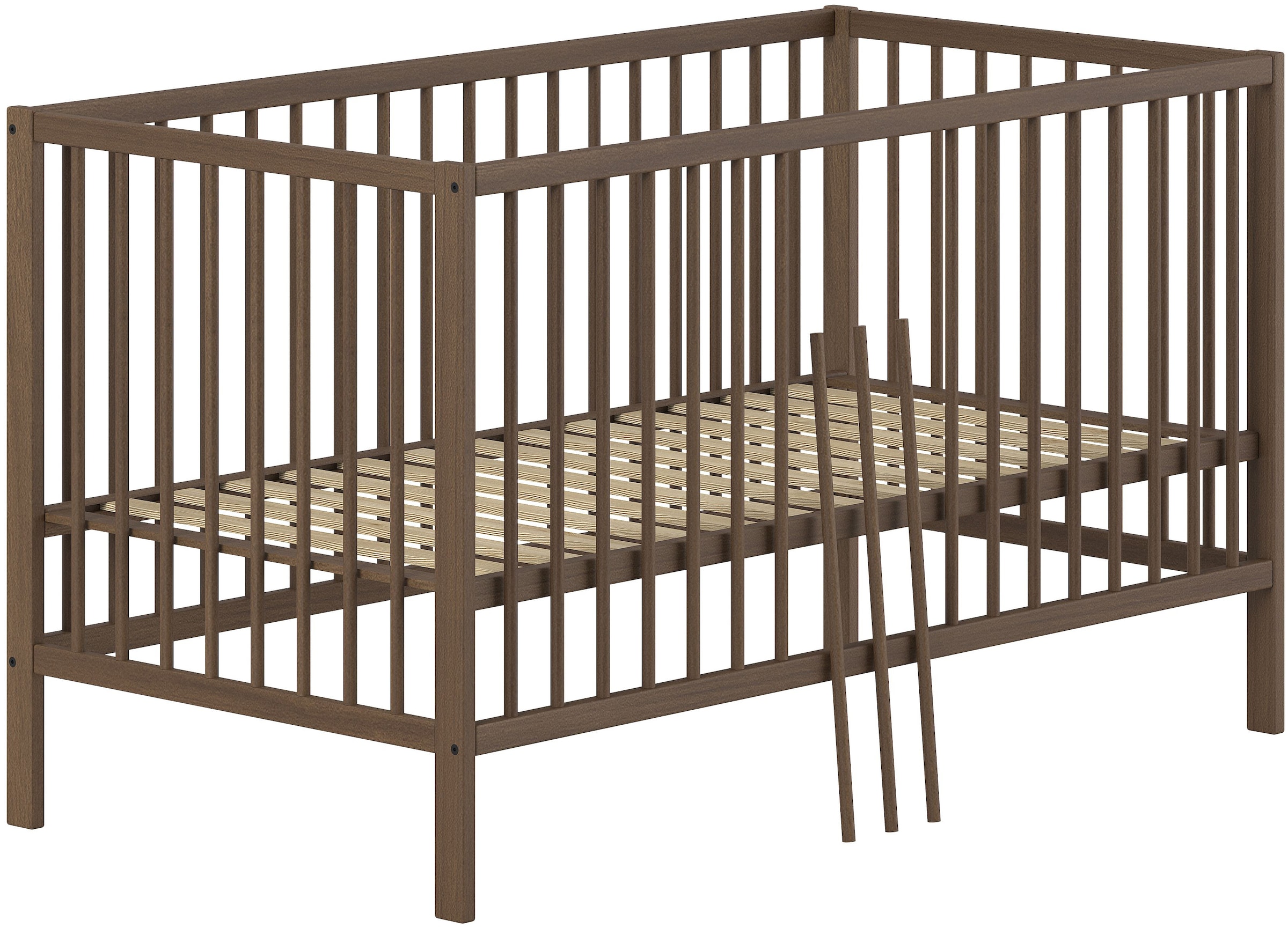 Vipack Babymöbel-Set »DINO, ideal für Ihr Kinderzimmer, Made in Europe, Buche massiv« best. aus Babybett 70/140 umbaubar zum Juniorbett u. Wickelregal, 2 tlg. Liegefläche 3-fach höhenverstellbar, Ausf. Buche Nussbaumfarbig