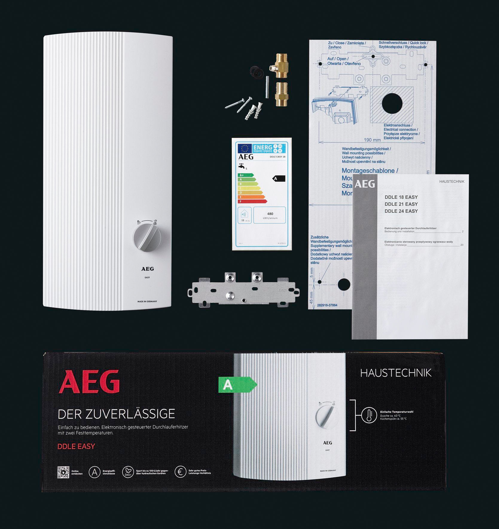 AEG-Haustechnik Komfort-Durchlauferhitzer »DDLE EASY 21 kW, guter Warmwasserkomfort«, zwei feste Temperatureinstellungen für Dusche und Spüle