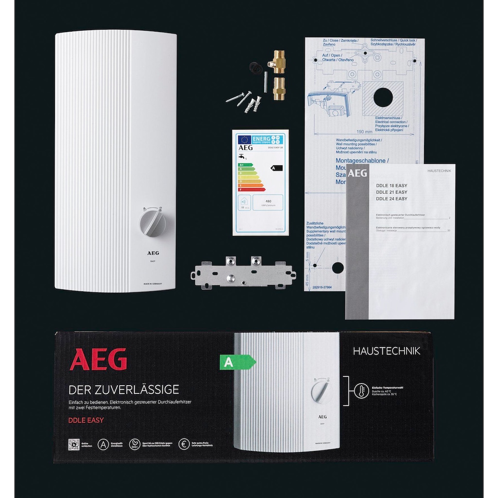 AEG Komfort-Durchlauferhitzer »DDLE EASY 21 kW, guter Warmwasserkomfort«, zwei feste Temperatureinstellungen für Dusche 55°C und Spüle 42°C