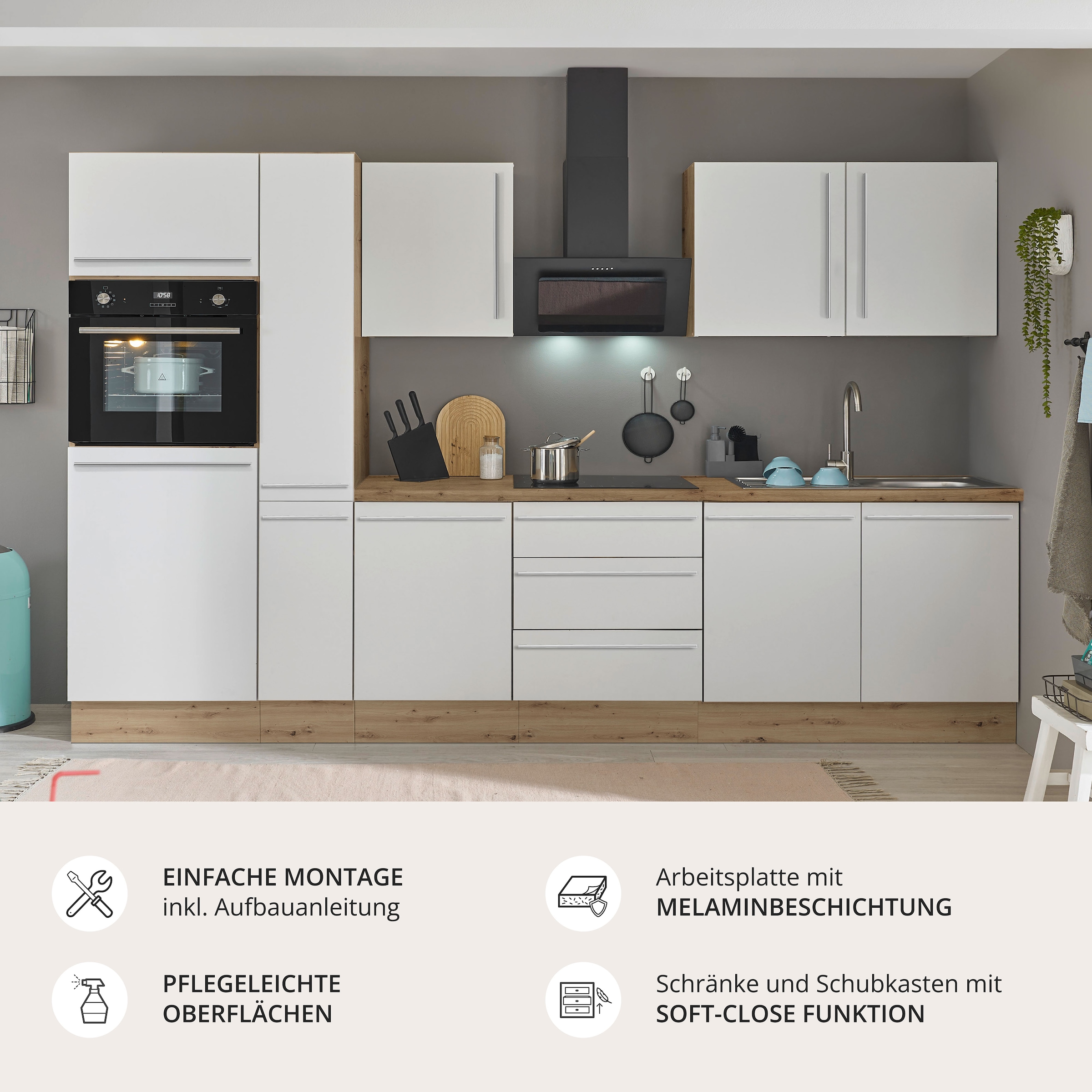 KOCHSTATION Küchenzeile »Florida« Breite 300 cm, wahlweise mit E-Geräten,Softclose für Türen/Schubkästen