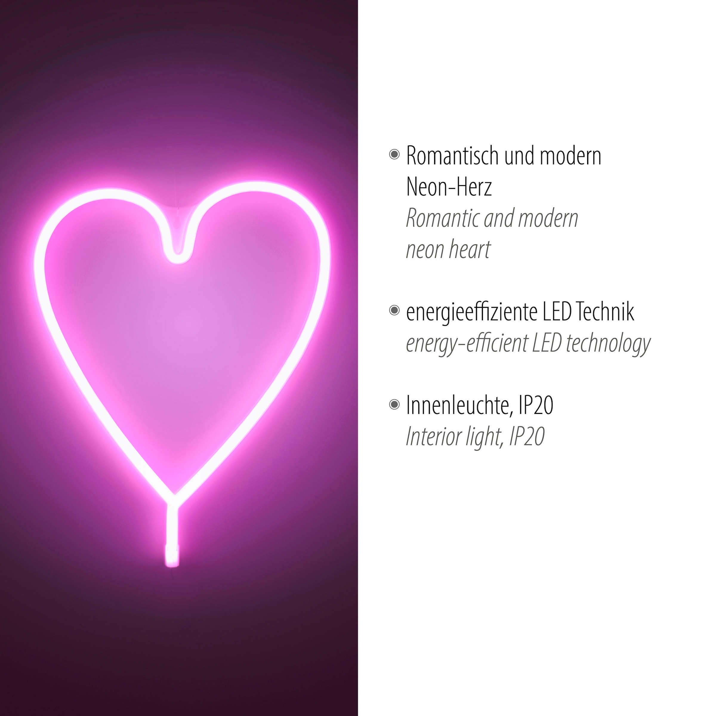 JUST LIGHT LED Wandleuchte »NEON-HERZ«, 1 flammig, Leuchtmittel LED-Board | LED fest integriert