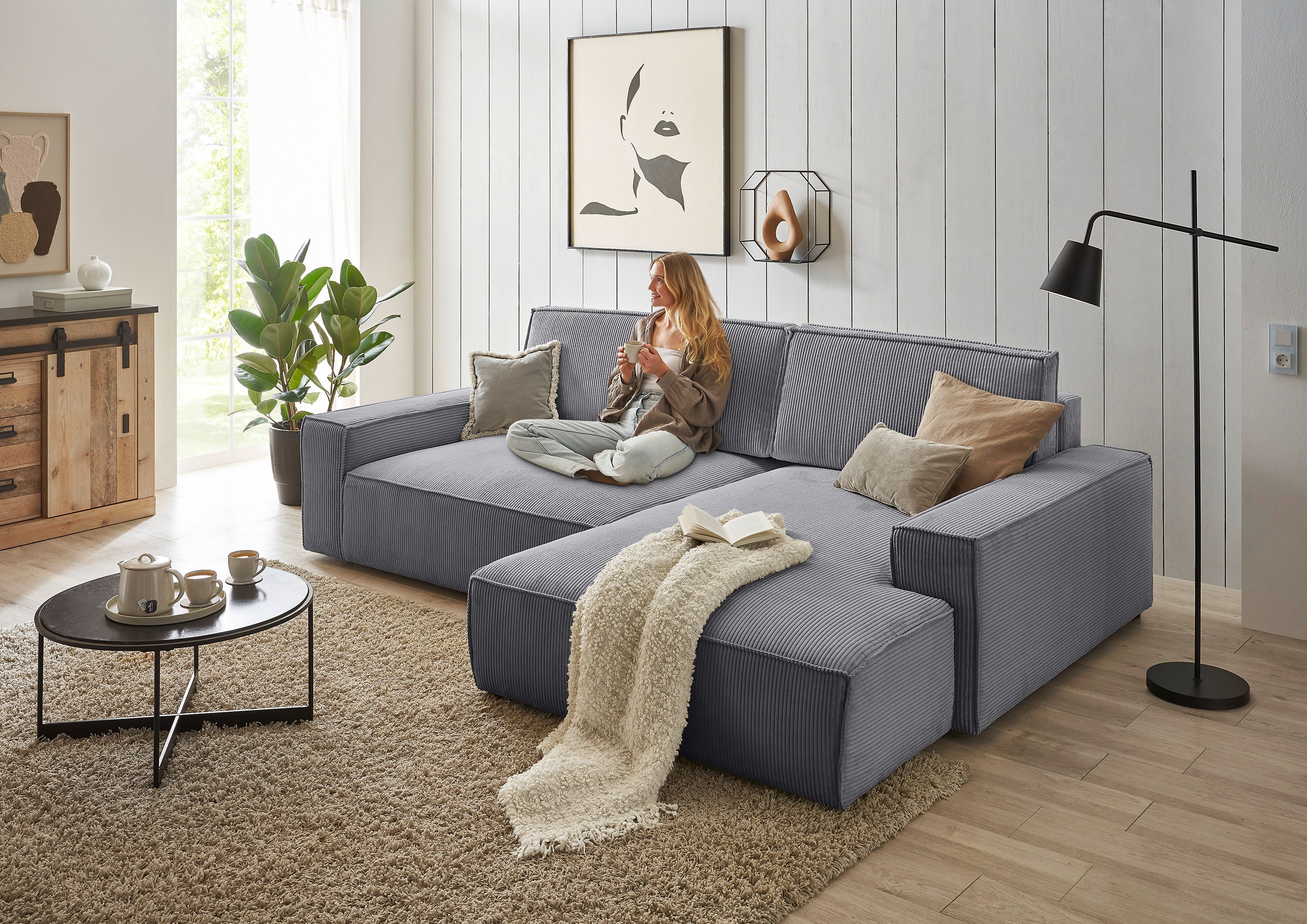 Home affaire Ecksofa »NEU: SHERWOODL XXL 284, Big-Sofa L-Form, tiefe Sitzfläche 95 cm, Cord,«, Leinenoptik, Recamiere rechts/links, auch als Schlafsofa stellbar