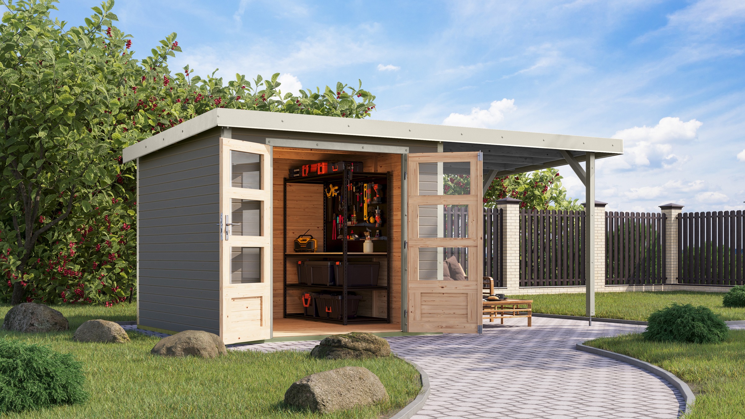 KARIBU Gartenhaus »"Jupiter 3, 5 D" SET wassergrau, mit Anbaudach 2, 35 m breit« hochwertige Materialien: nordische Fichte, Stahlecken,...