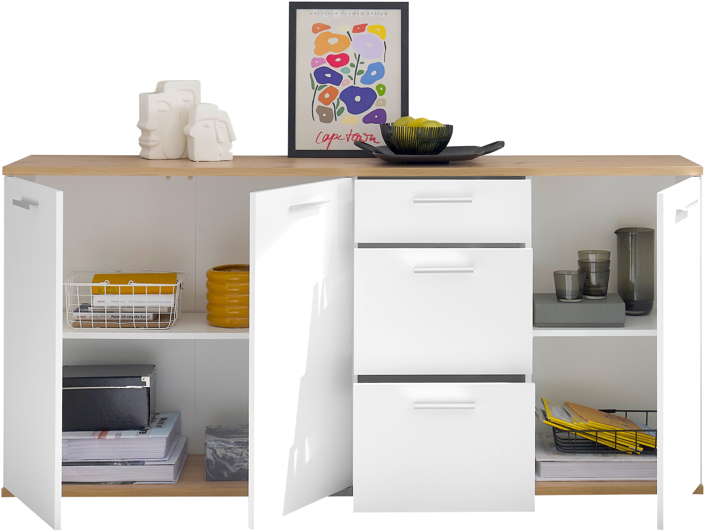 HBZ Kommode »BC1035 weiß matt, BxHxT 180x86x38 cm«, Sideboard mit 3 Türen, 3 Schubkästen, 2 Einlegeböden
