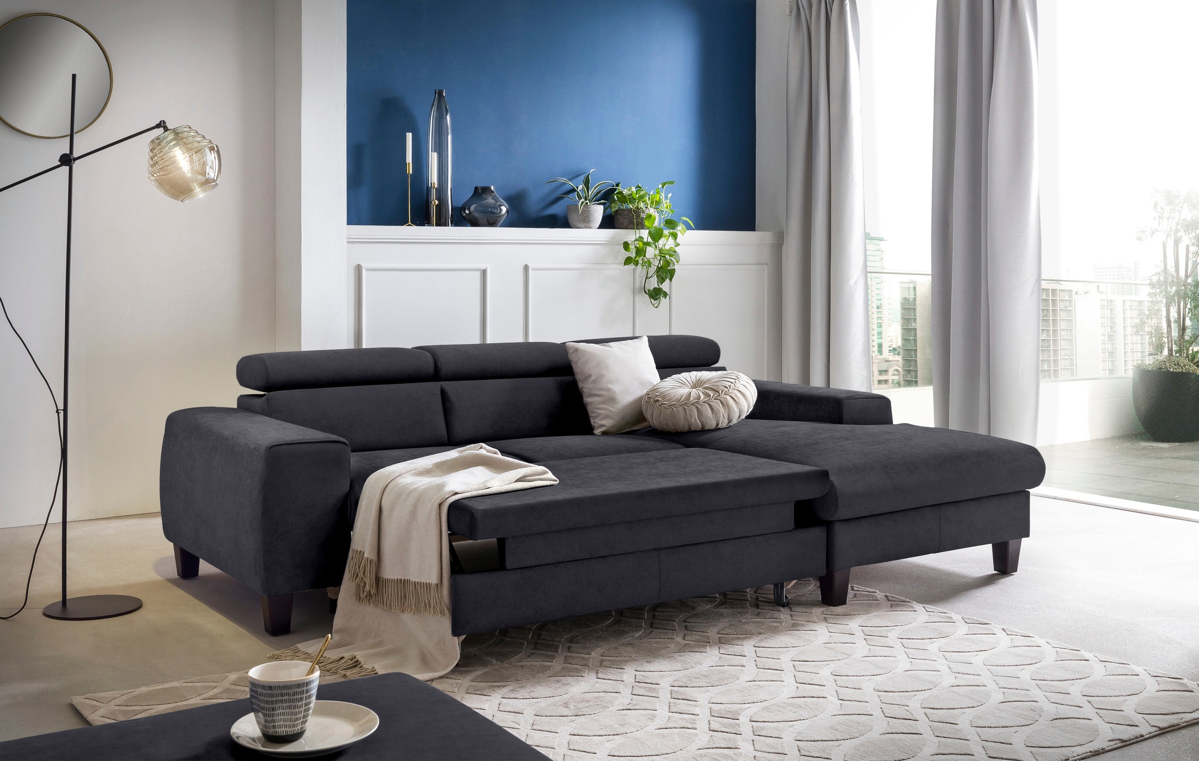 COTTA Ecksofa »Morven L-Form mit Kopfteilverstellung«, wahlweise mit Bettfunktion, Bettkasten & Wireless-Charger