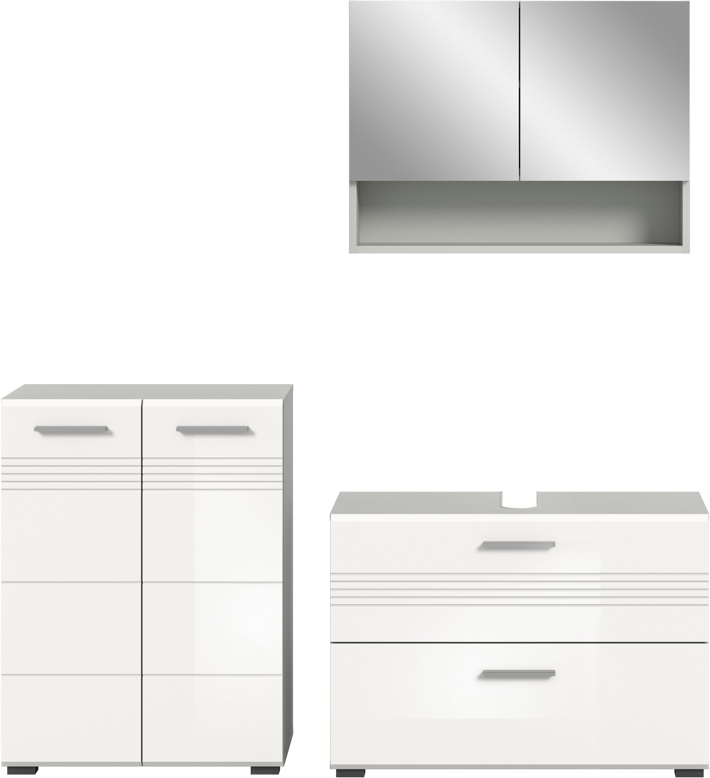 welltime Badmöbel-Set »Calicio, bestehend aus: Midischrank, Waschbeckenunterschrank,«, (3 St.), Spiegelschrank, hochwertige MDF Front mit Rillenfräsung