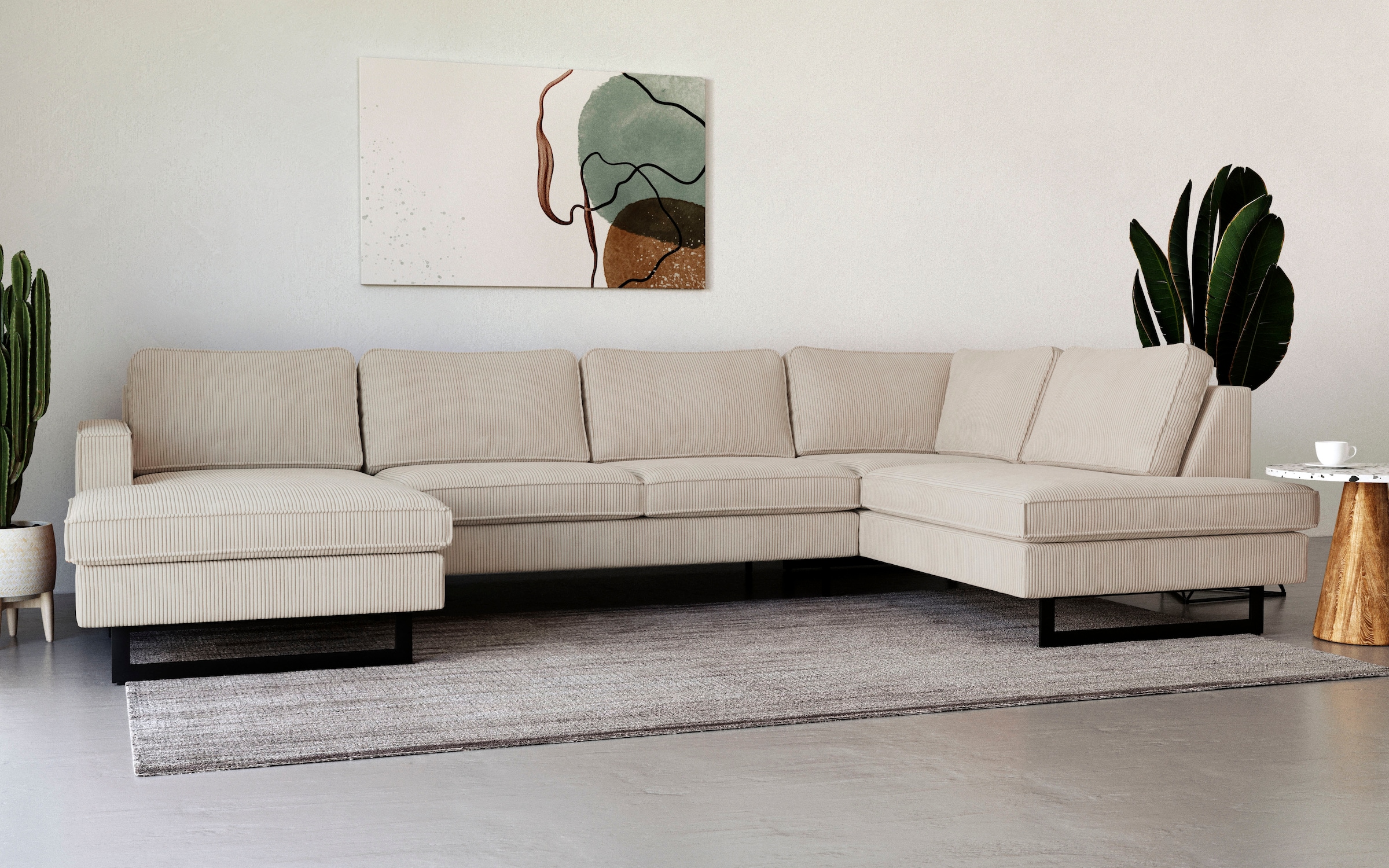 Places of Style Wohnlandschaft »Pinto, 350 cm, U-Form, XXL, mit Ottomanen«, Cord, Feincord, Luxus-Microfaser Leder und Chenille