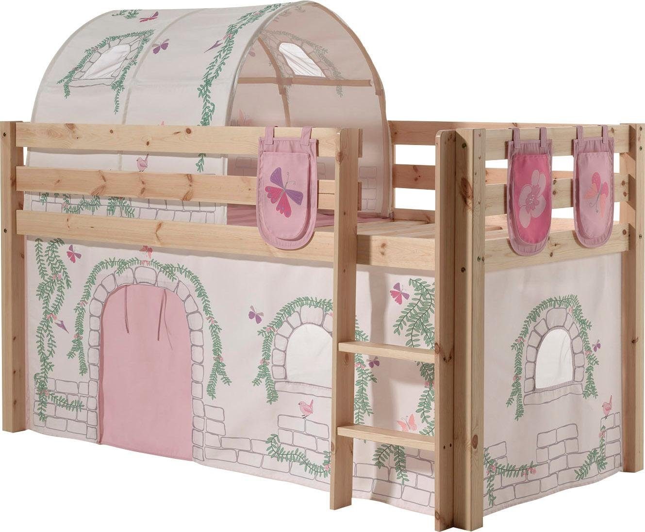 VIPACK Hochbett »Pino, Spielbett massiv Kiefer, stabil gebaut, 3 Korpusfarben zur Wahl« inkl. Rolllattenrost, Leiter und Absturzschutz, mit oder...