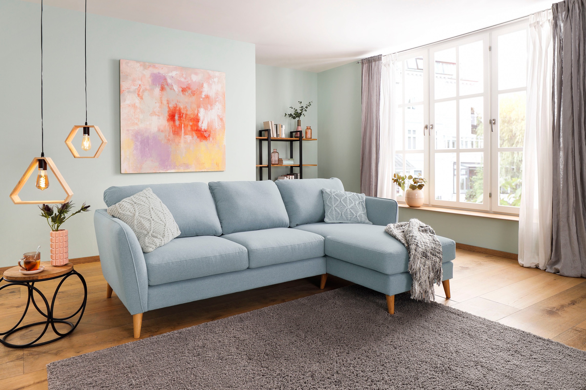 Home affaire Ecksofa »MARSEILLE (242/152cm),L-Form, Rec. rechts/links«, Massivholzbeine Eiche, Landhausstil, Wellenunterfederung