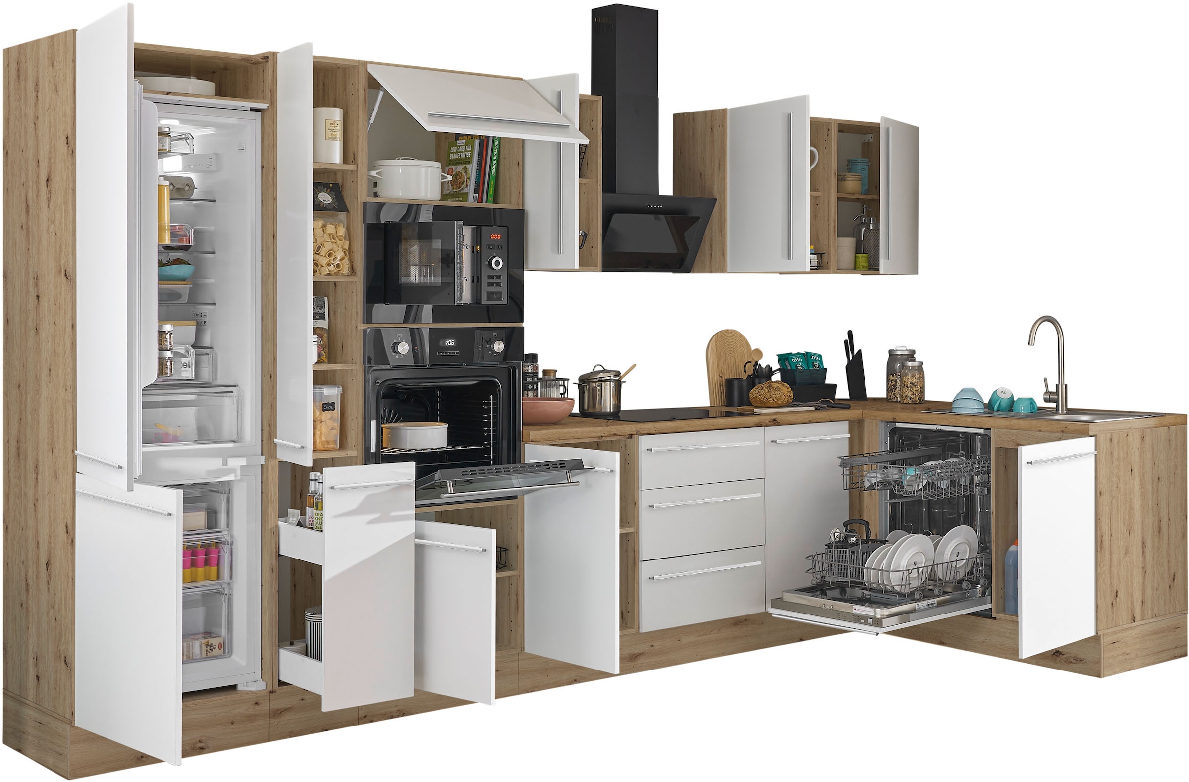 KOCHSTATION Winkelküche »Florida, Stellbreite 370x175 cm«, wahlweise mit E-Geräten, mit Softclose für Türen und Schubkästen
