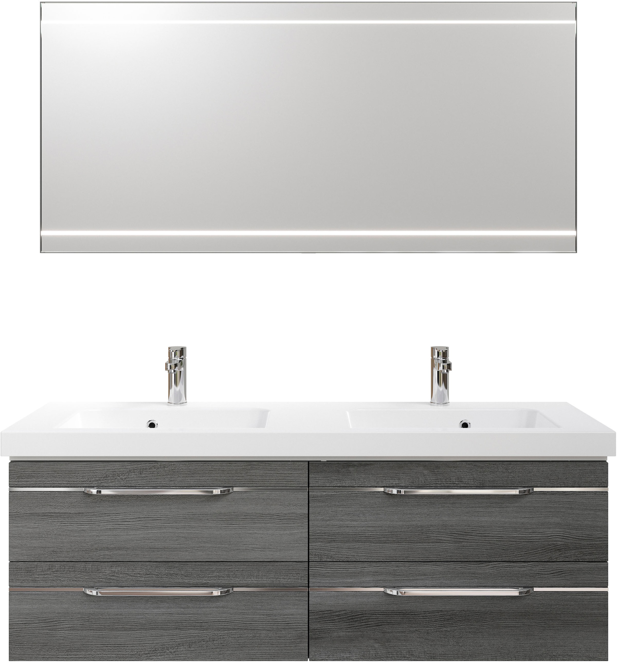Saphir Badmöbel-Set »Balto 2-teilig Mineralmarmor-Doppelwaschtisch mit LED-Spiegel«, (2 St.), Waschplatz 150 cm breit, 4 Schubladen, inkl. Schubladendämpfer