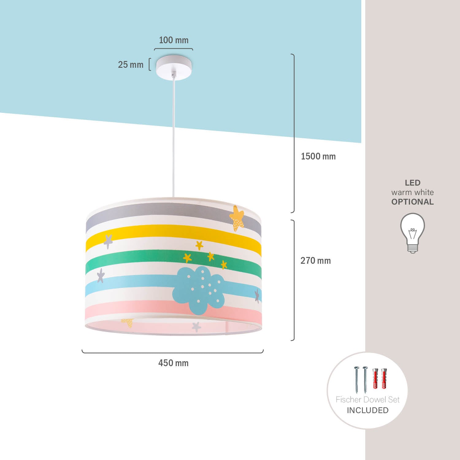 Paco Home Pendelleuchte »Tweet 462«, 1 flammig, Leuchtmittel E27 | ohne Leuchtmittel, Lampe Kinderzimmer Babyzimmer Deckenlampe Streifen Regenbogen E27