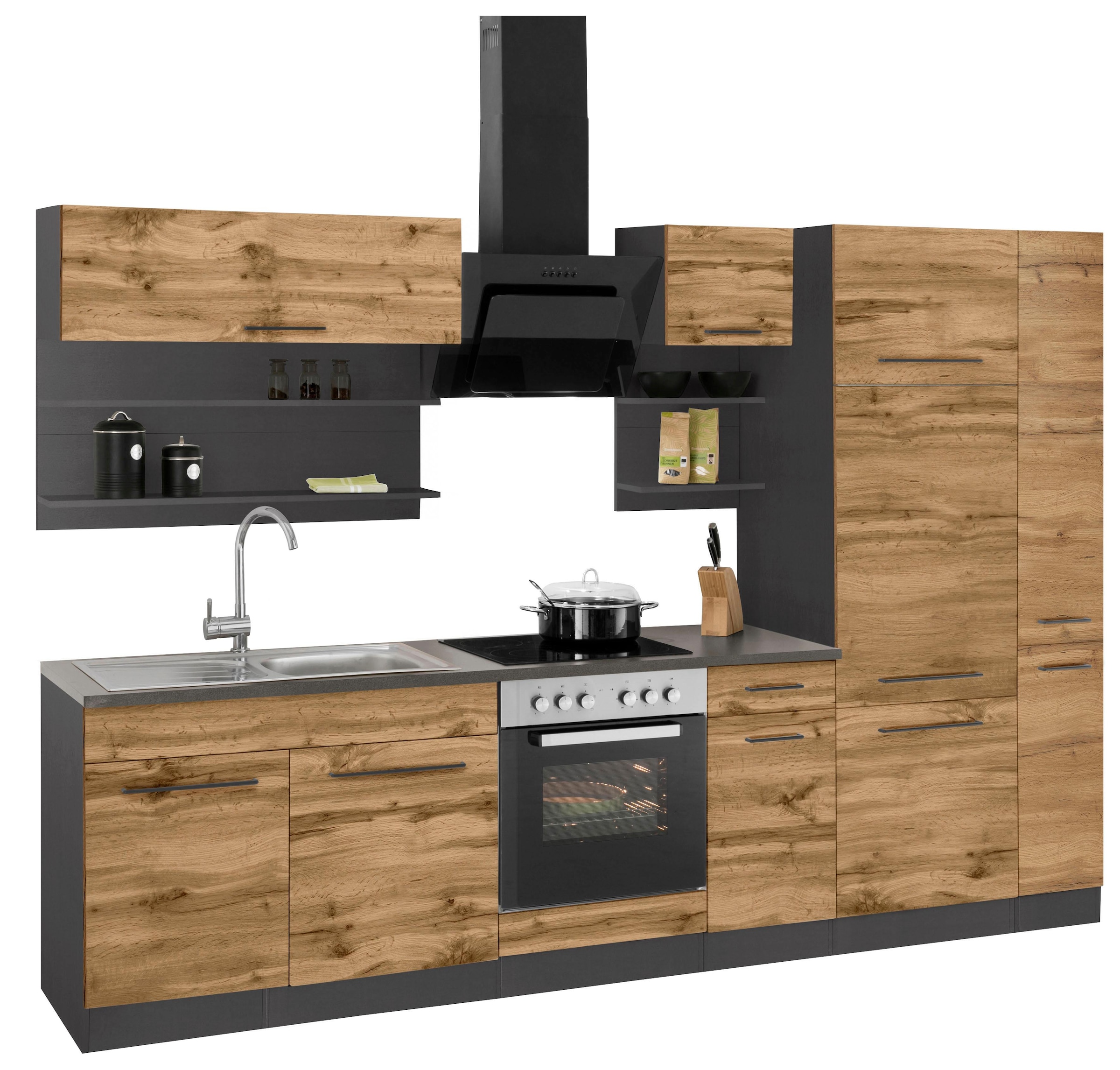 KOCHSTATION Küchenzeile »KS-Tulsa«, mit E-Geräten, Breite 300 cm, schwarze Metallgriffe, MDF Fronten