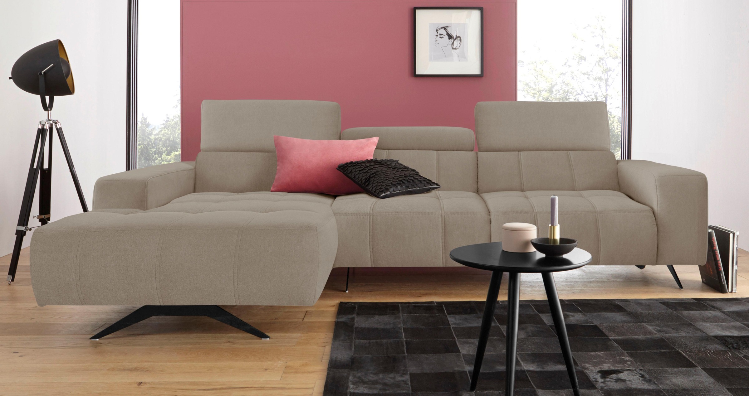 DOMO collection Ecksofa »Trento L-Form, mit Kufenfuß oder Einzelfuß«, wahlweise mit Kopfteilverstellung, Recamiere links/rechts bestellbar