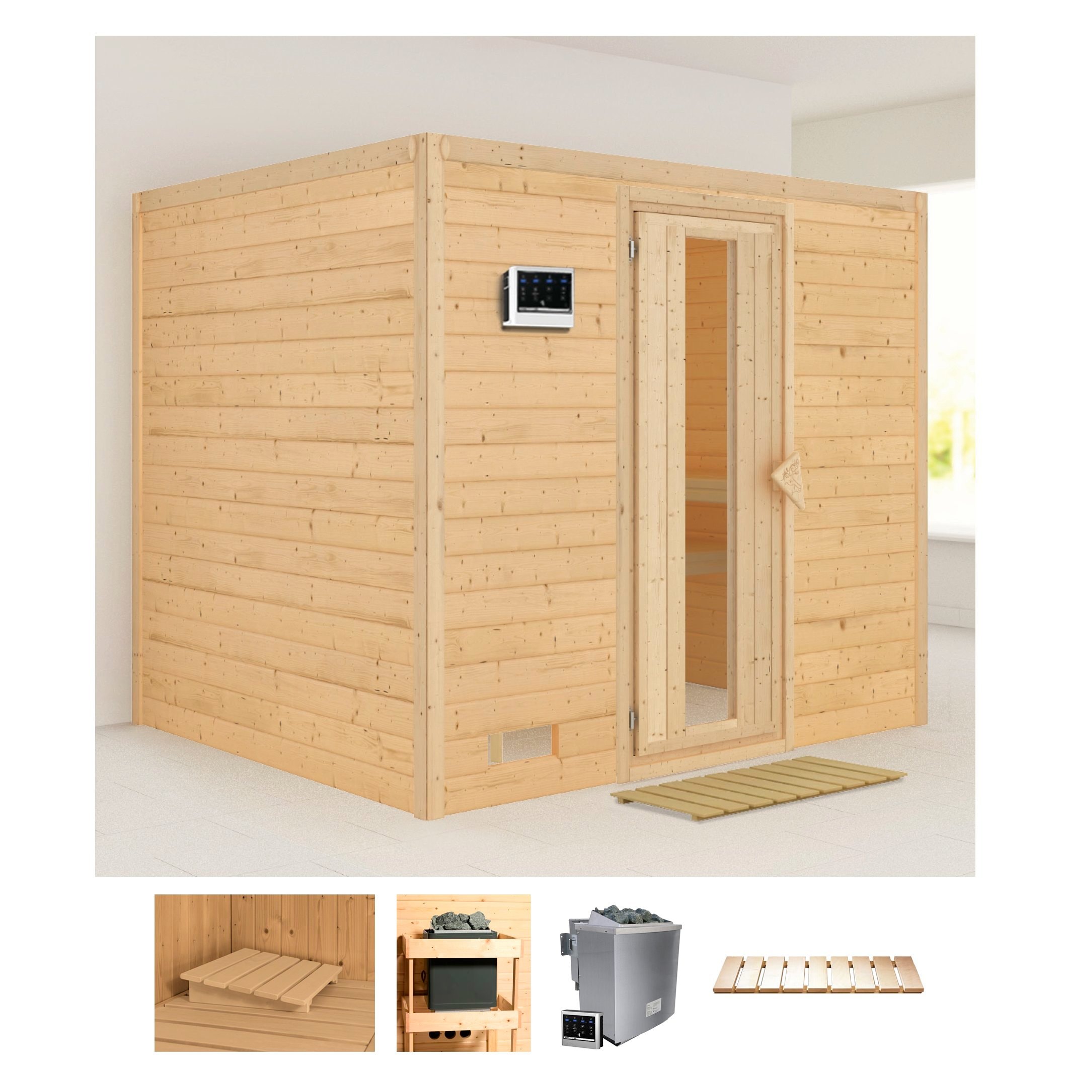 Karibu Sauna „Soraja“, (Set), 9-kW-Bio-Ofen mit externer Steuerung naturbelassen