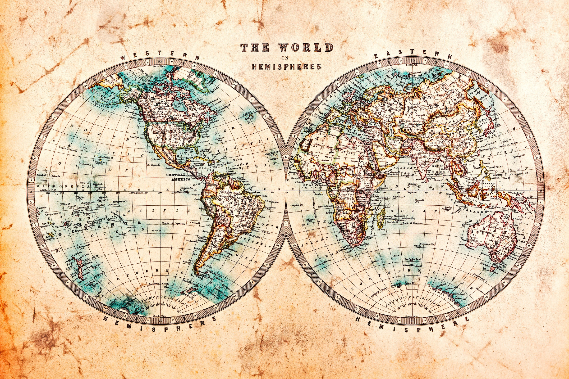 A.S. Création Leinwandbild »Hemispheres«, Kunst-Weltkarte-Kinder, (1 St.), Atlas Weltkarte Antik Vintage Keilrahmen Leinwand-Bild Wohnzimmer Wand
