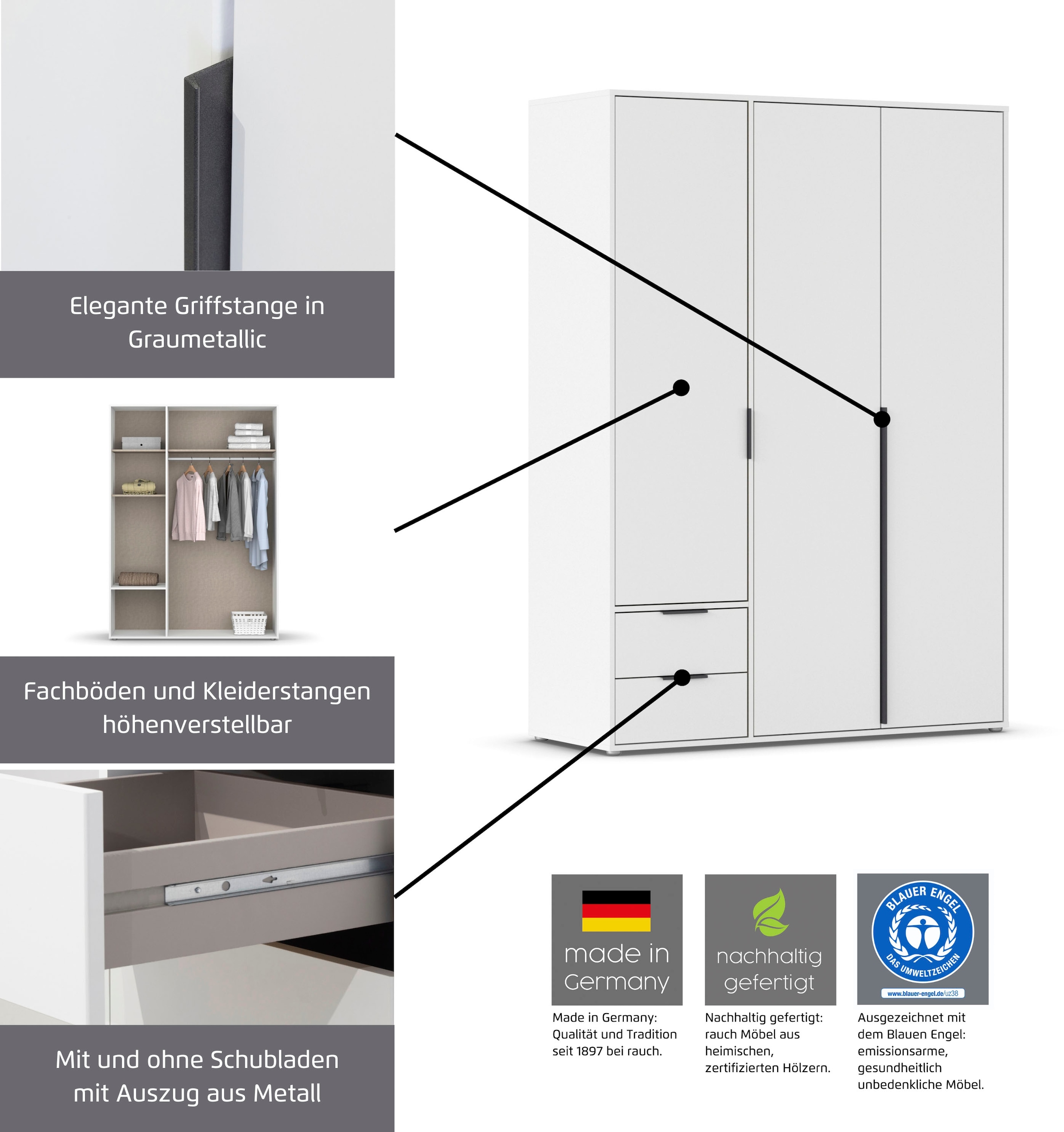 rauch Drehtürenschrank »Kleiderschrank Schrank Garderobe Wäscheschrank NAGATA mit Spiegel«, (in 3 verschiedenen Ausstattungen BASIC/CLASSIC/PREMIUM), und Schubladen sowie Stangengriffen TOPSELLER MADE IN GERMANY
