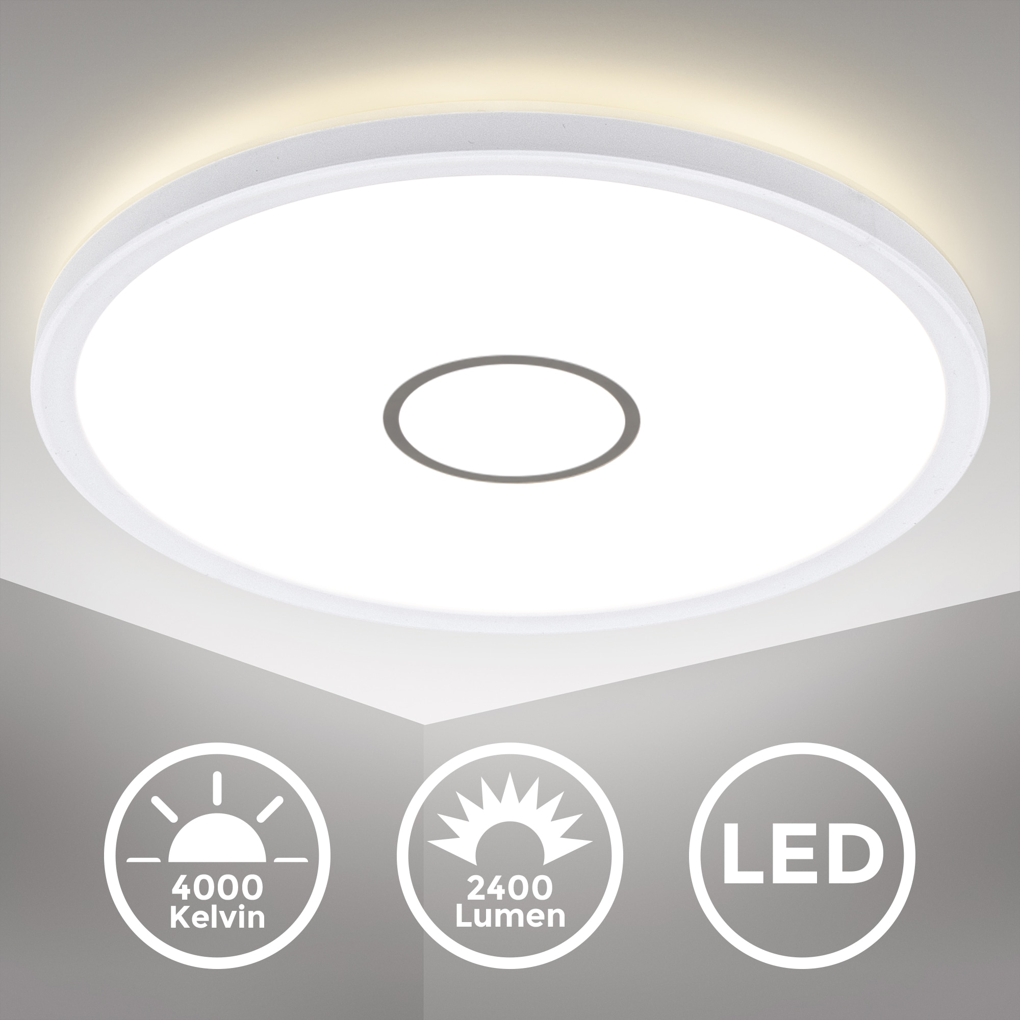 B.K.Licht ultraflache LED Deckenleuchte, weiß-silber, 18 Watt, 2.400 Lumen, 4.000 Kelvin, nicht dimmbar