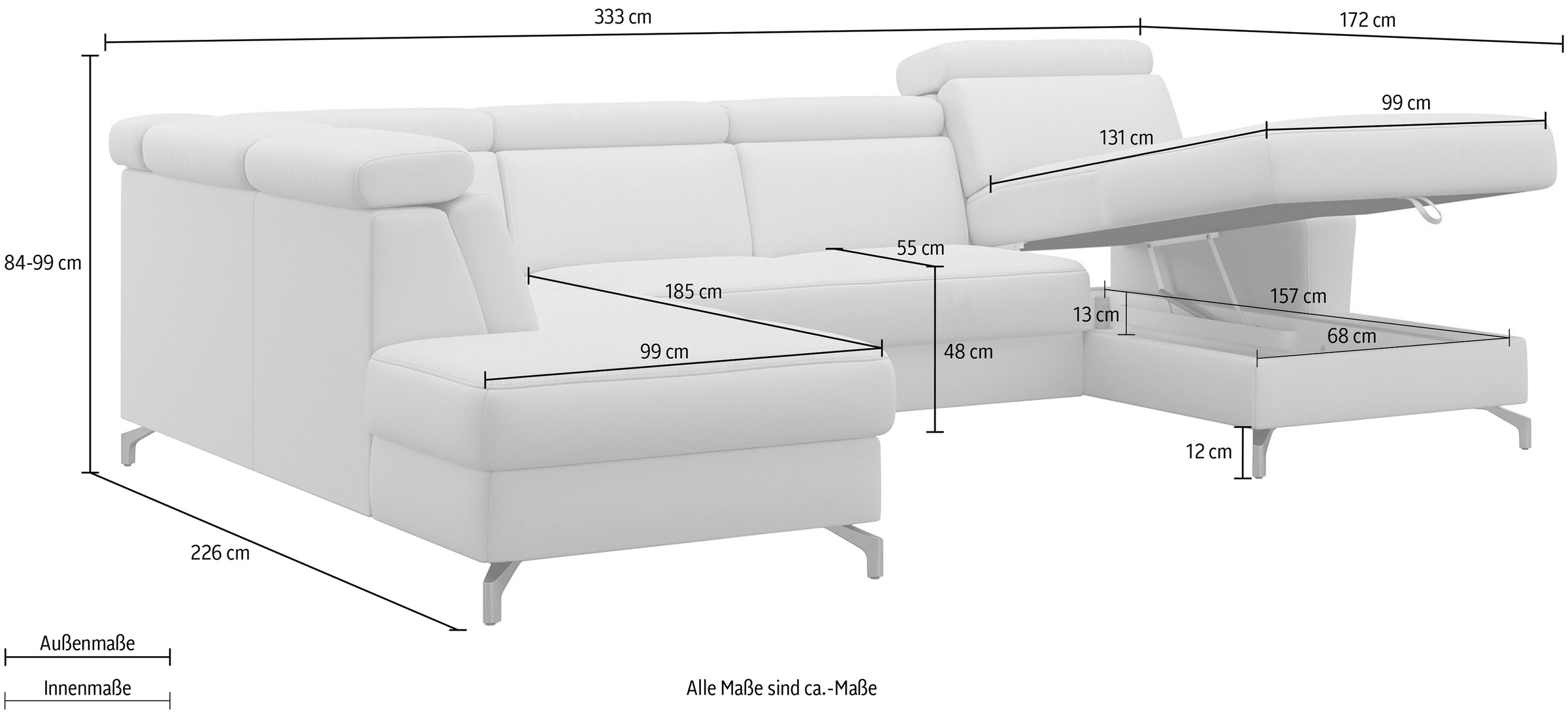 sit&more Wohnlandschaft »Scarlett U-Form«, inklusive Kopfteilverstellung, wahlweise mit Bettfunktion, Bettkasten