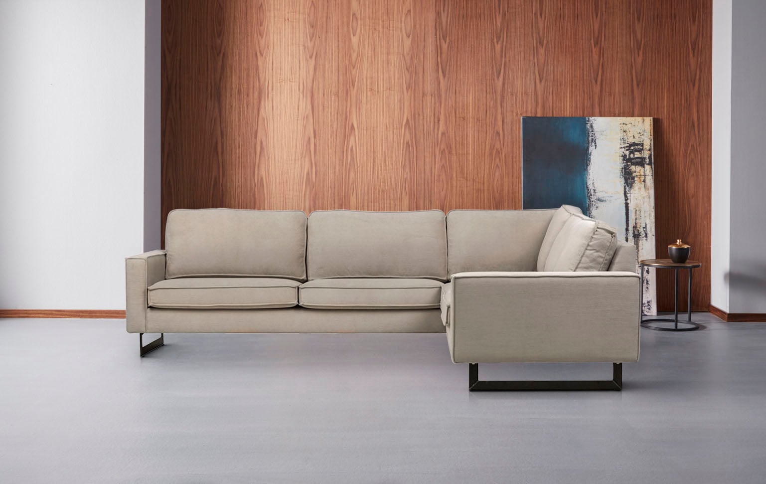 Places of Style Ecksofa »Pinto, XXL, 250/290 cm, langer Schenkel, Ottomane«, Cord, Chenille, Lederoptik, mit Keder, Metallfüße, Wellenunterfederung