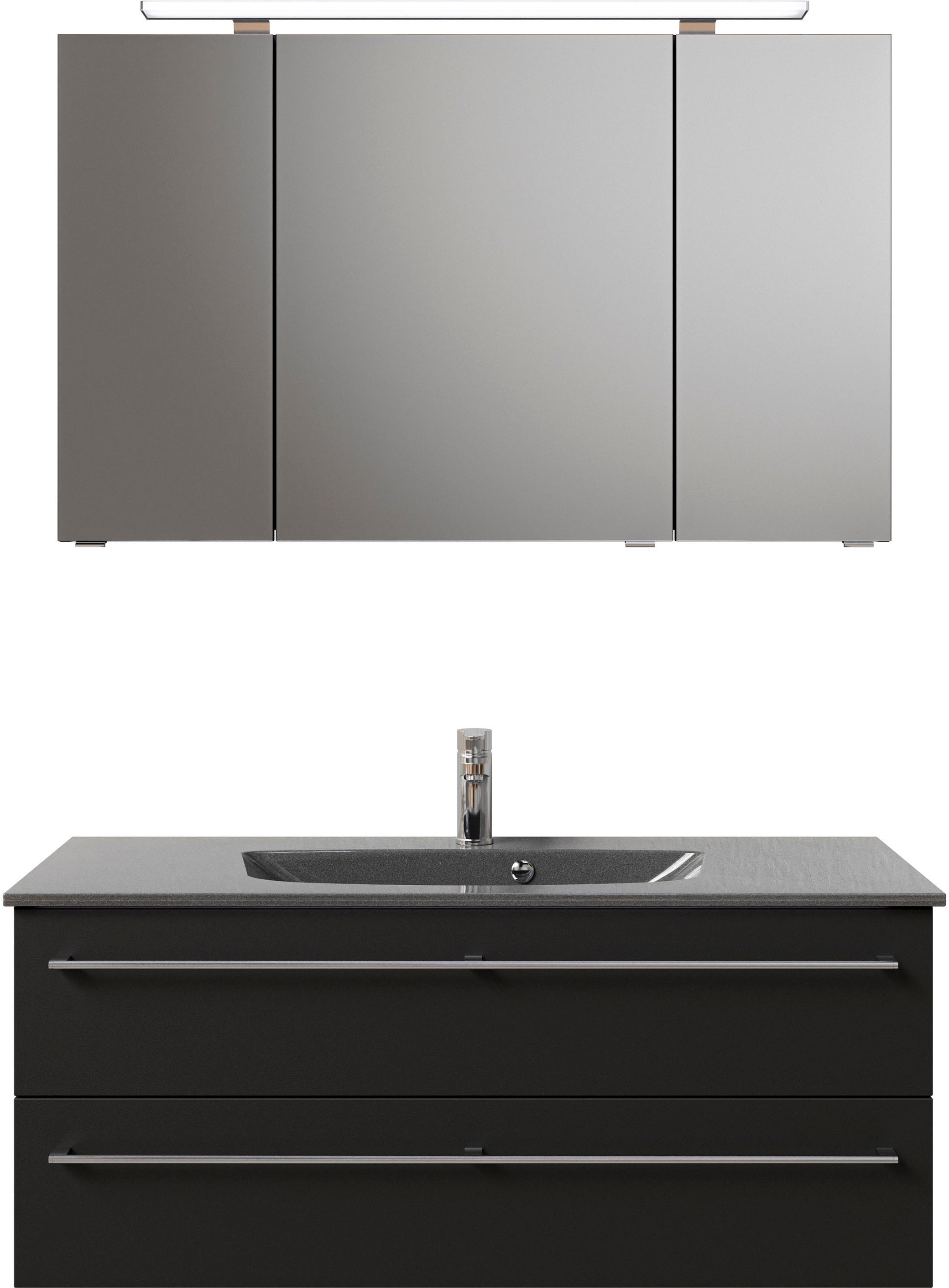 Saphir Badmöbel-Set »Serie 6025 2-teilig Mineralmarmor-Waschtisch mit LED-Spiegelschrank«, (2 St.), Waschplatz 117cm breit, 2 Schubladen, 3 Spiegel-Türen, inkl Türdämpfer