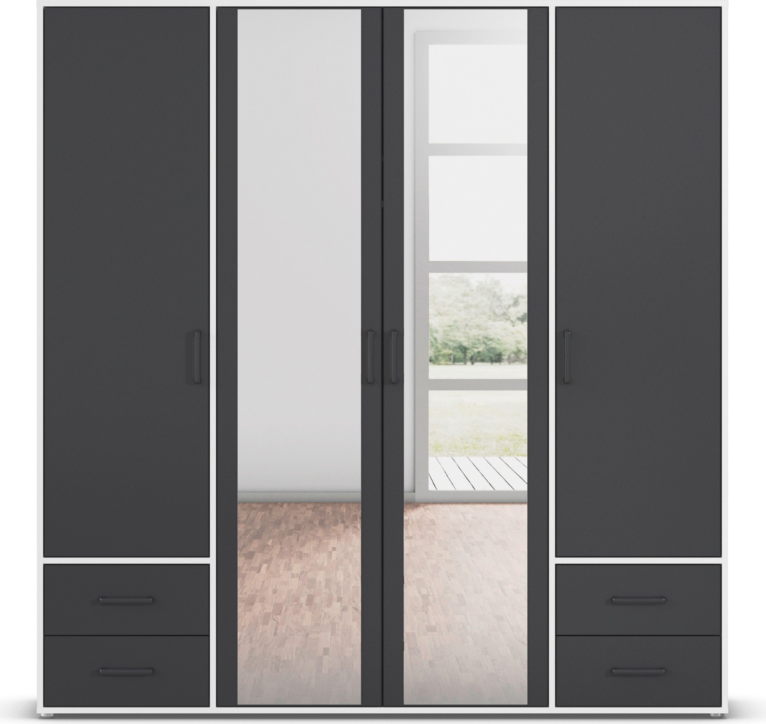 rauch Drehtürenschrank »Kleiderschrank Schrank Garderobe Wäscheschrank VOYAGER«, (in 3 verschiedenen Ausstattungen BASIC/CLASSIC/PREMIUM), mit modernen Griffen in Graumetallic, inkl. Schubkästen und Spiegel