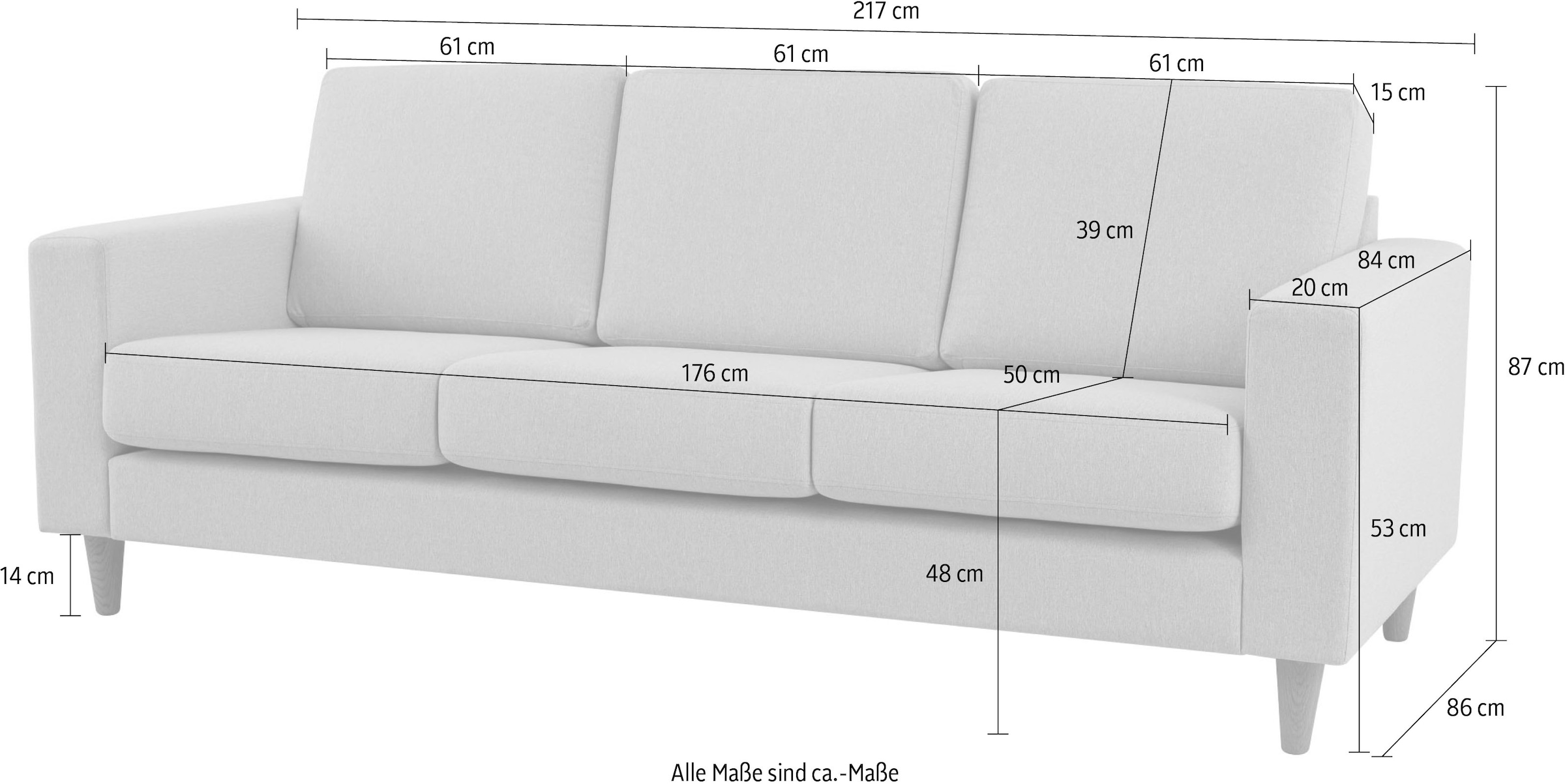 andas 3-Sitzer »Tvinno«, im skandinavischen Stil, mit Massivholzfüßen, Breite 217 cm