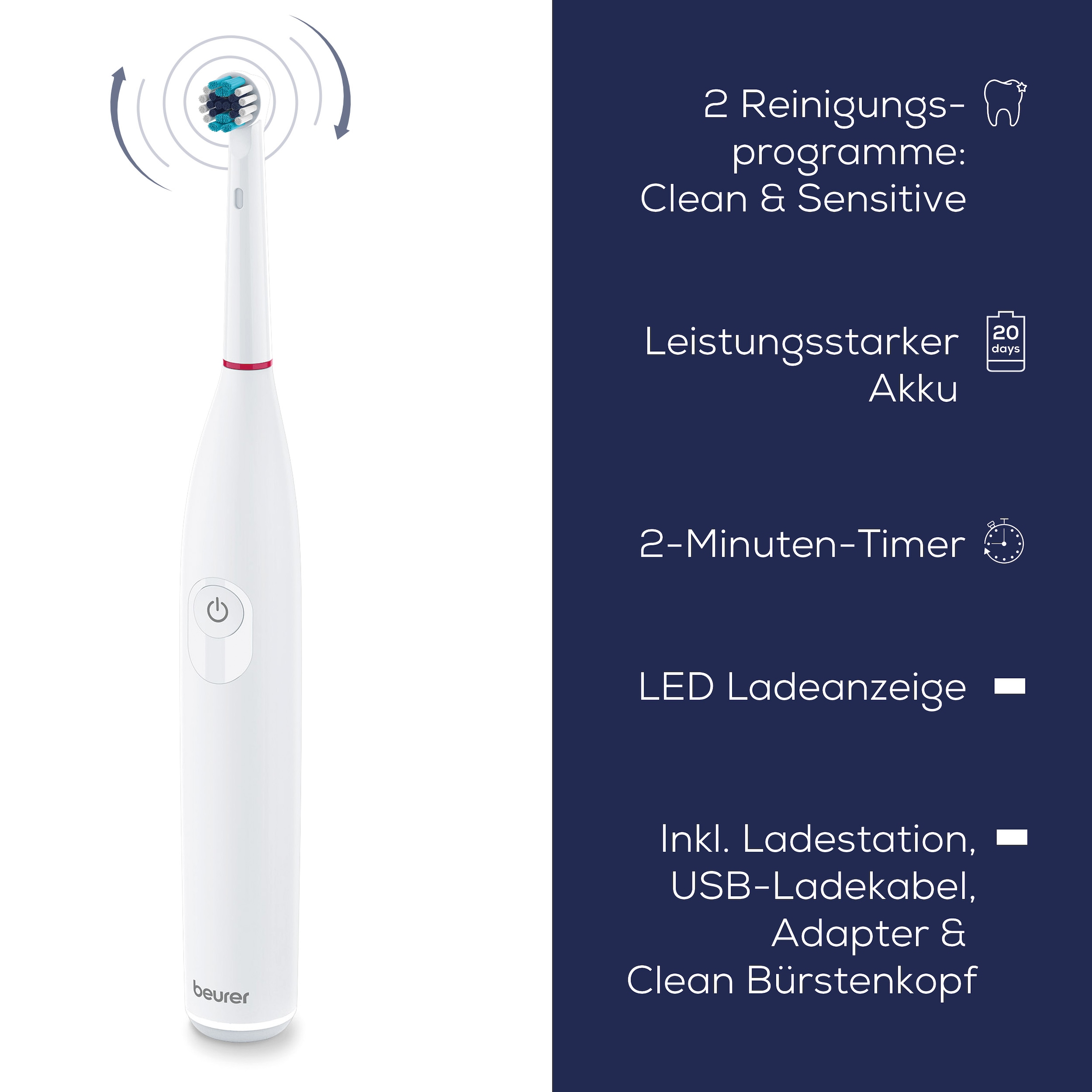BEURER Elektrische Zahnbürste »TB 30, Elektrische Zahnbürste zur Plaque-Entfernung mit Timer«, 1 St. Aufsteckbürsten, 2 Reinigungsprogramme und 2-Minuten-Timer, effektive Plaque-Entfernung