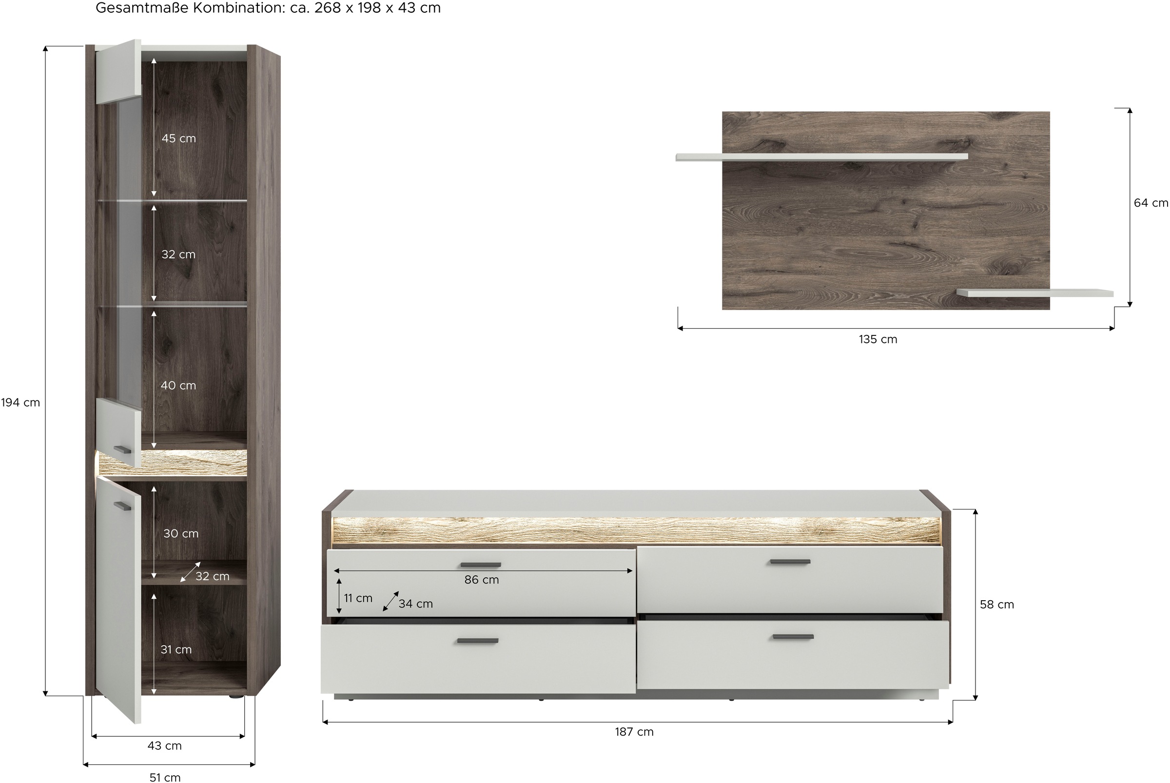 INOSIGN Wohnwand »Treviso, Breite 268 cm, bestehend aus: 1x Vitrine, 1x Lowboard und«, (3 St.), 1x Wandboard, Kombination, Wohnkombination, Mediawand, TV-Wand