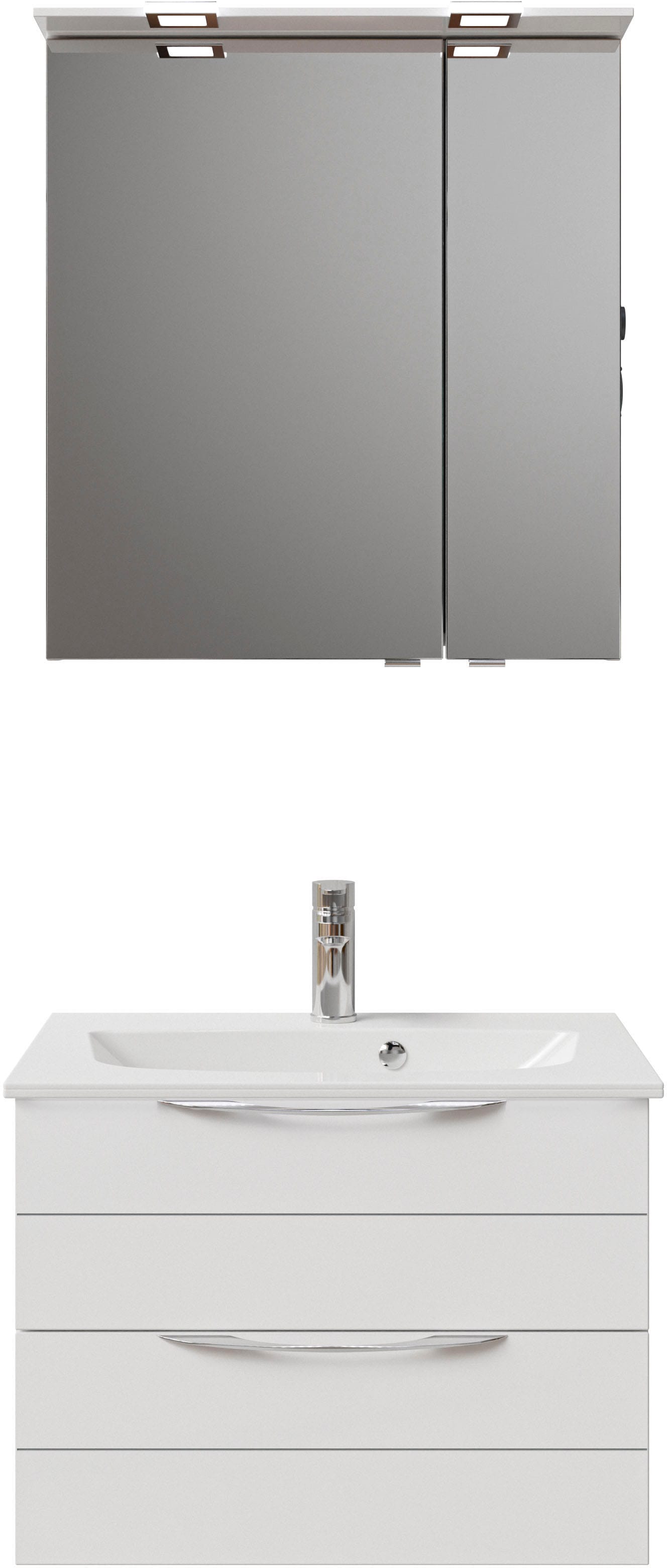 Saphir Badmöbel-Set »Serie 6025 2-teilig Mineralmarmor-Waschtisch mit LED-Spiegelschrank«, (2 St.), Waschplatz 67 cm breit, 2 Schubladen, 2 Spiegel-Türen, inkl Türdämpfer