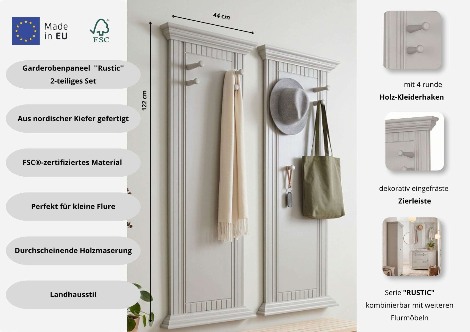OTTO home Garderobenpaneel »Rustic, Set aus 2 Paneelen, Landhausstil« 2 Stk. tlg. aus massiver Kiefer, mit dekorativen Fräsungen