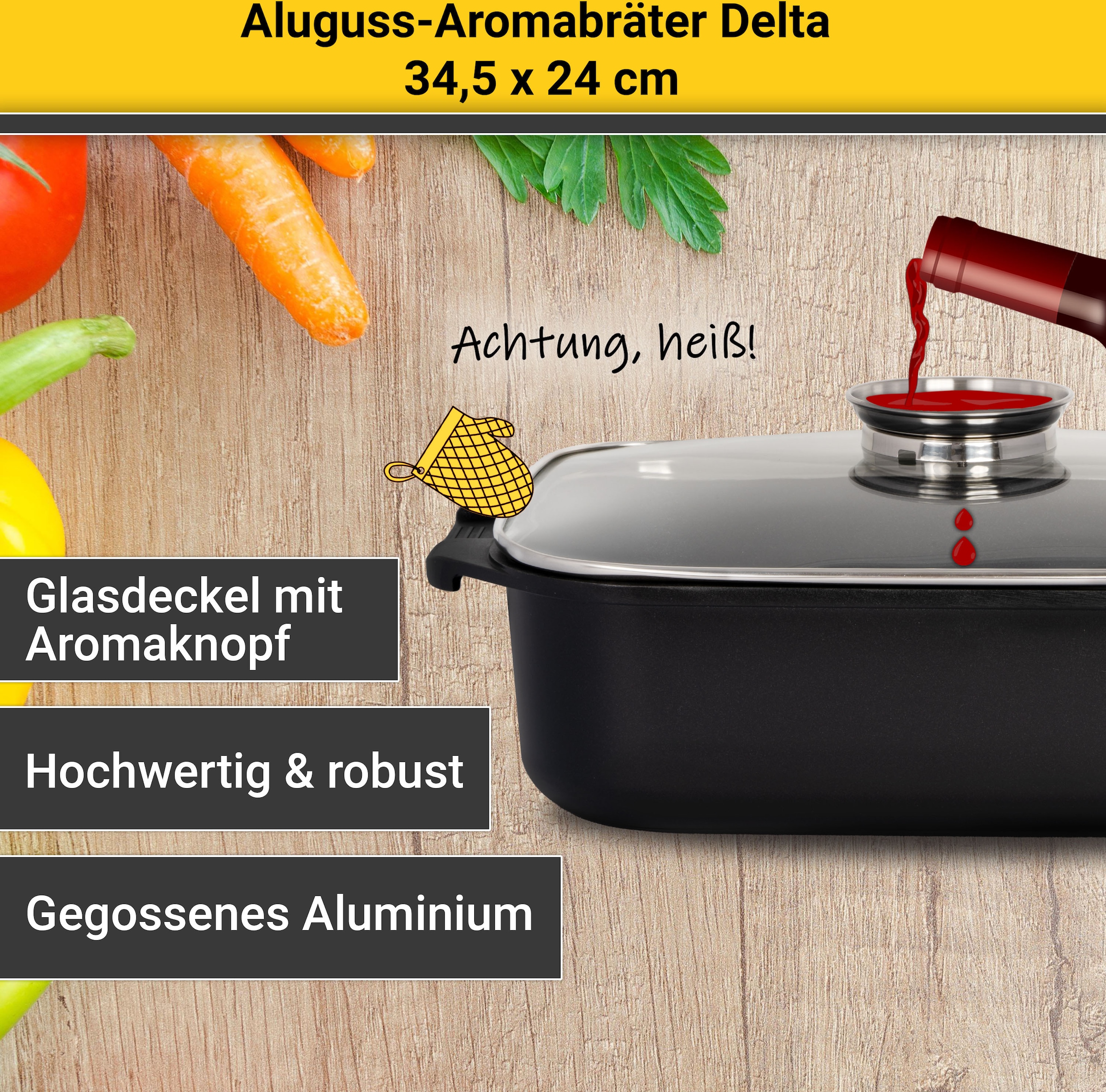 Krüger Bräter »Aluguss Aromabräter mit Glasdeckel und Aromaknopf DELTA, 34,5x24x9 cm«, Aluminiumguss, (1 tlg.), für Induktions-Kochfelder geeignet
