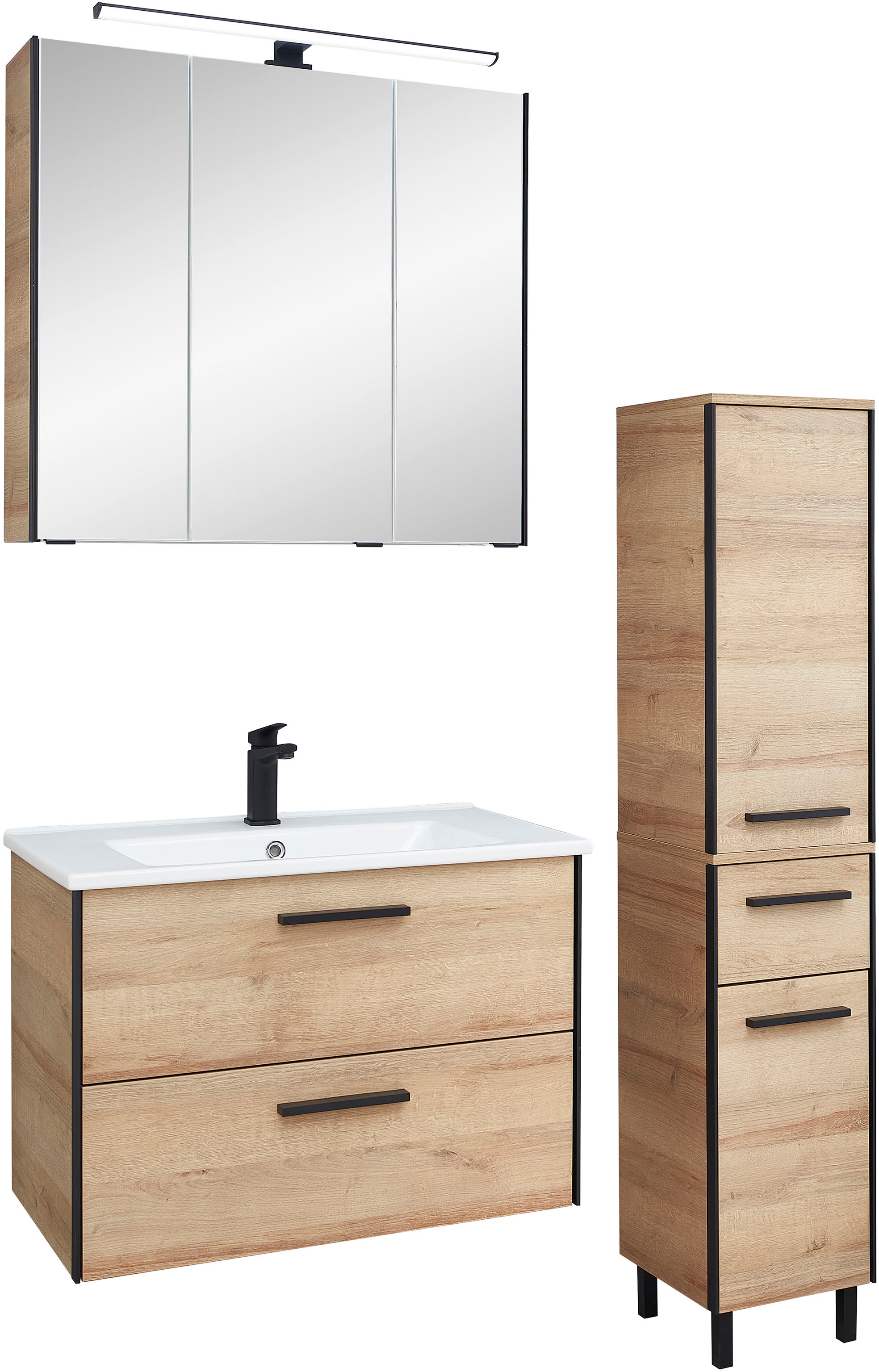 Saphir Badmöbel-Set »Quickset 395 3-teilig, Keramikwaschtisch mit LED-Spiegelschrank«, (5 St.), Midischrank, inkl. Türdämpfer, 5 Türen, 3 Schubladen, Bad-Set