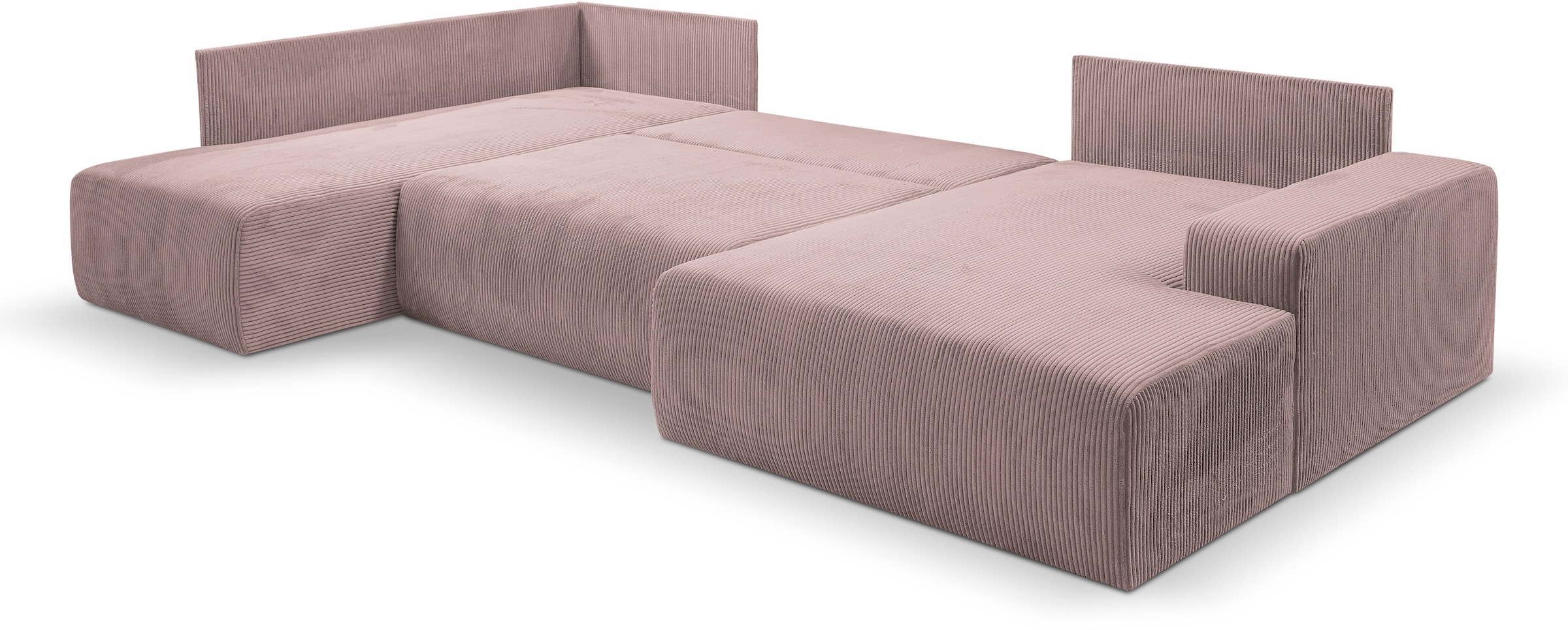 WERK2 Wohnlandschaft »Rotterdam-U, U-Form, in kuschelweichem Cord oder Breitcord«, Design Sofa mit Schlaffunktion & Bettkasten, Cord, Rose