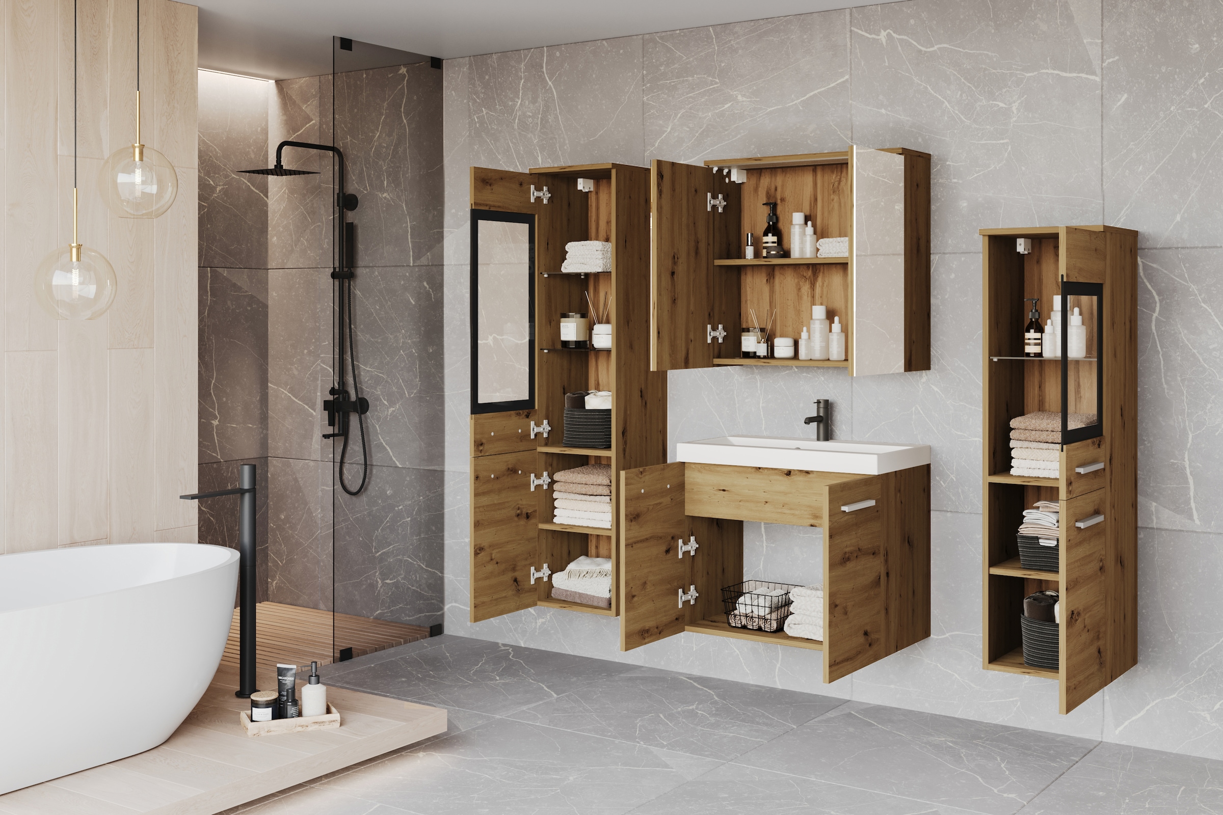 welltime Badmöbel-Set »MADRIT II, Schrank mit Waschbecken, 2 Hänger, Spiegelschrank«, (Komplett-Set, 5 St.), Hängende Badmöbel mit Glaseinsätzen – in vielen Farben erhältlich