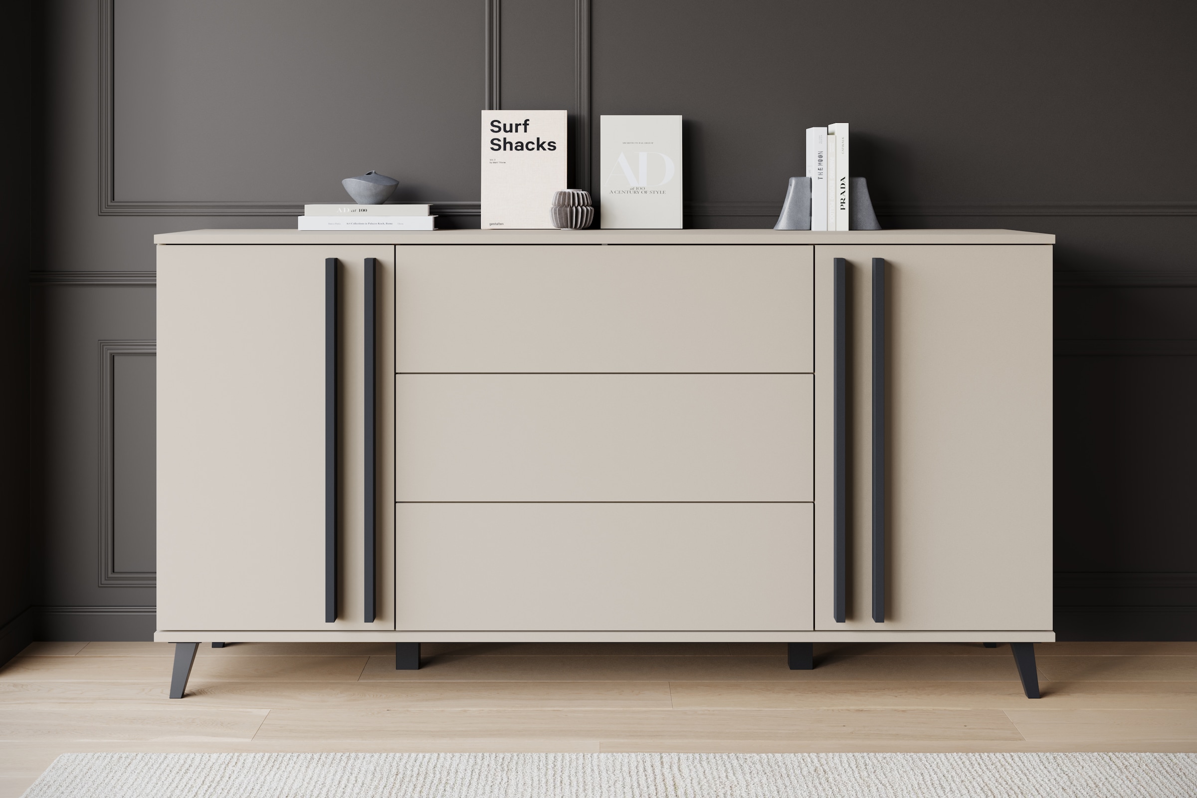 INOSIGN Sideboard »Helsinki, Kommode mit 2 Türen und 3 Schubladen, Breite 150 cm«, (1 St.), Push-to-Open-Schubladen, höhenverstellbare Einlegeböden