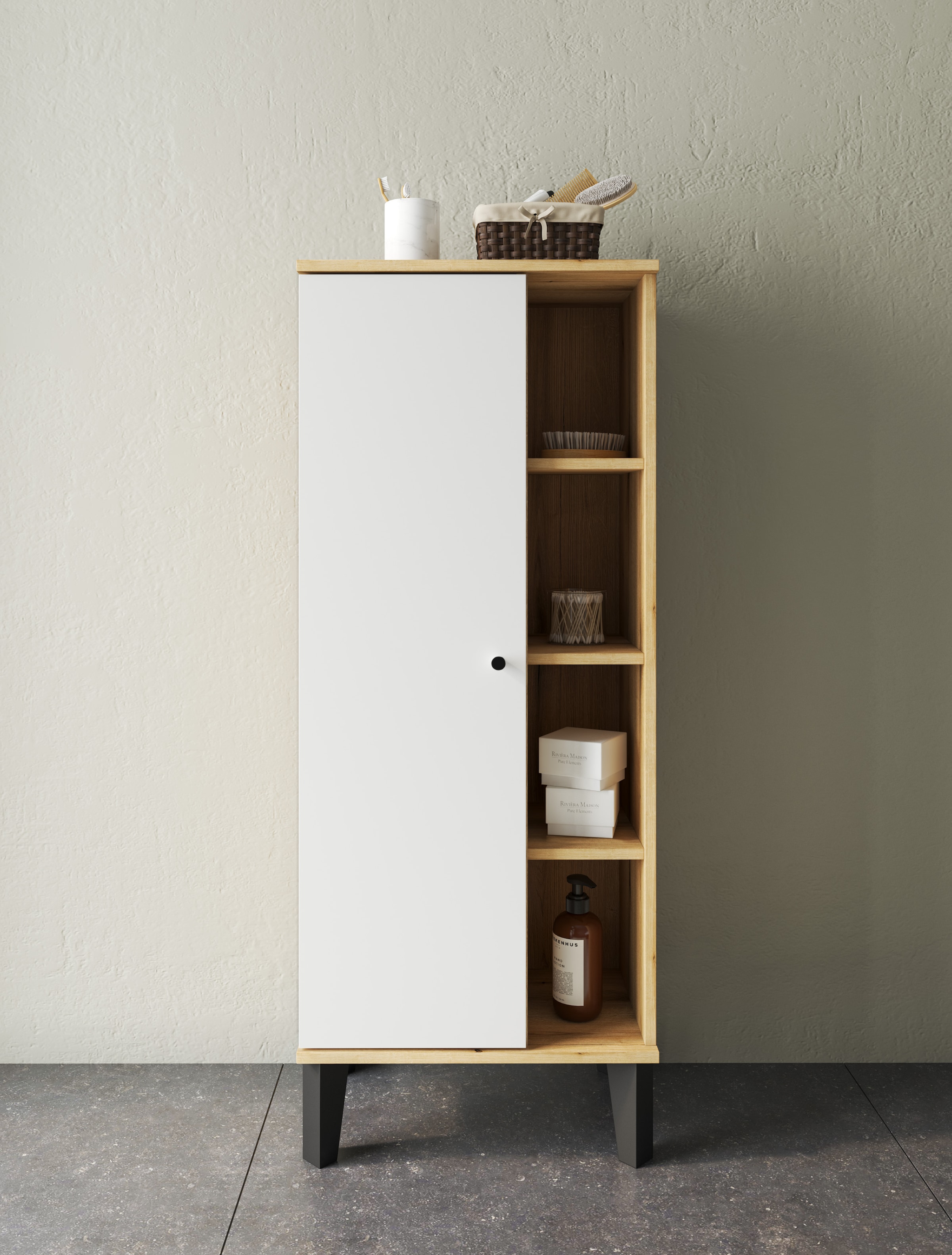 INOSIGN Stauraumschrank »Oslo, Badschrank mit Knopfgriff, Hochschrank im skandinavischen Design«, in der Türfarbe Weiß oder Grau verfügbar, ausreichend Stauraum