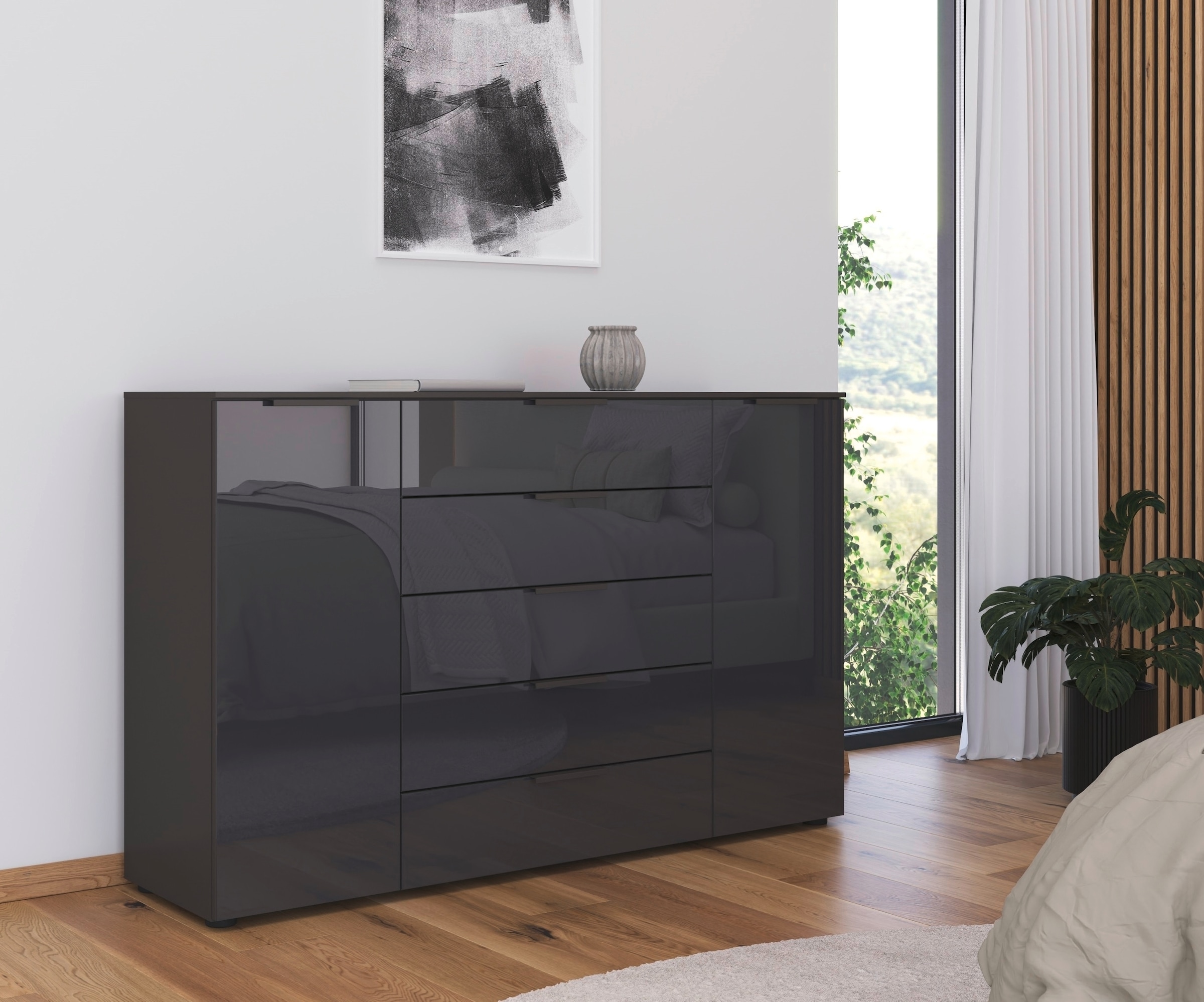 rauch Schubkastenkommode »Kommode Türkommode Sideboard Kombikommode FLIPP mit Glasfront«, (Breite 160/180 cm mit 4 Einlegeböden), 2-trg mit 5 Schubladen und Soft-Close, 2 Breiten MADE IN GERMANY