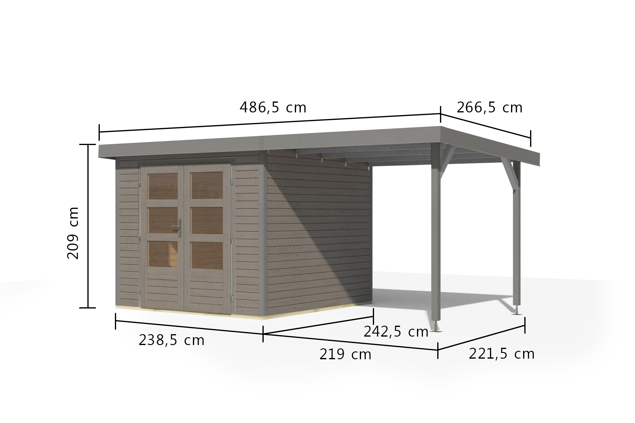 Karibu Gartenhaus »"Jupiter 3,5 D" SET wassergrau, mit Anbaudach 2,35 m breit«, hochwertige Materialien: nordische Fichte, Stahlecken, Trapezblechdach