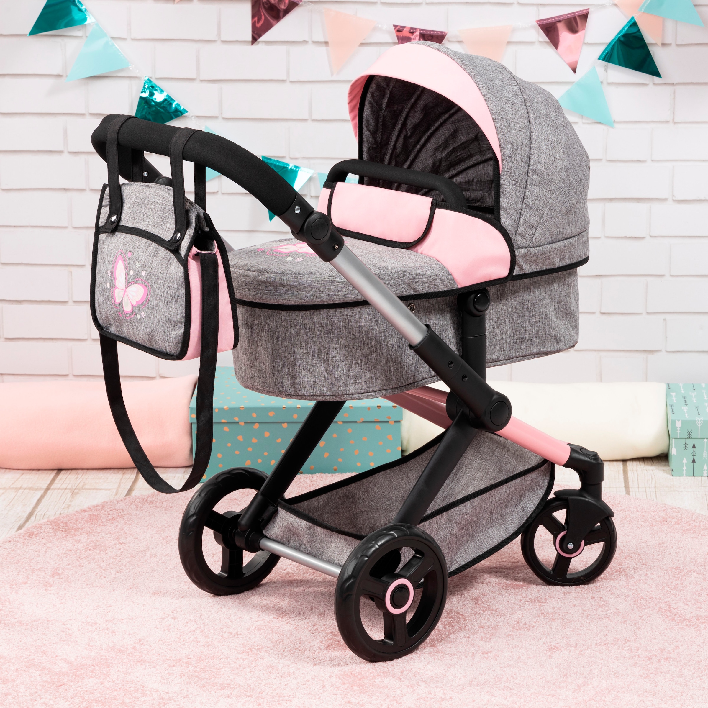 Bayer Kombi-Puppenwagen »Xeo, grau/rosa Schmetterling«