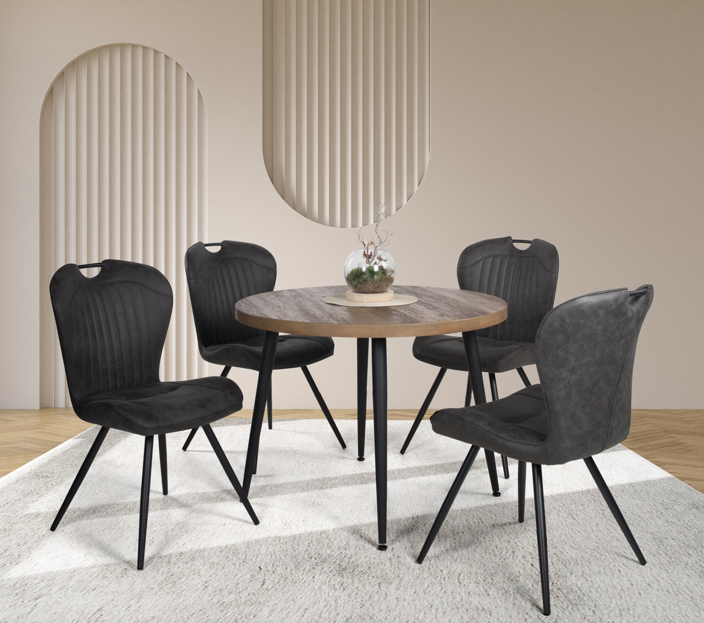 Essgruppe »Esszimmergruppe Marla & Zoe« Set, 5-tlg., 5 Stk. tlg. Ø 100 cm, massives Metallgestell, bis 100 kg belastbar grau MDF, Polyester